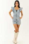 Acid Wash Denim Zip Up Ruffle Cap Sleeve Romper