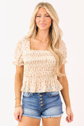 Almond Ditsy Floral Print Smocked Chiffon Top