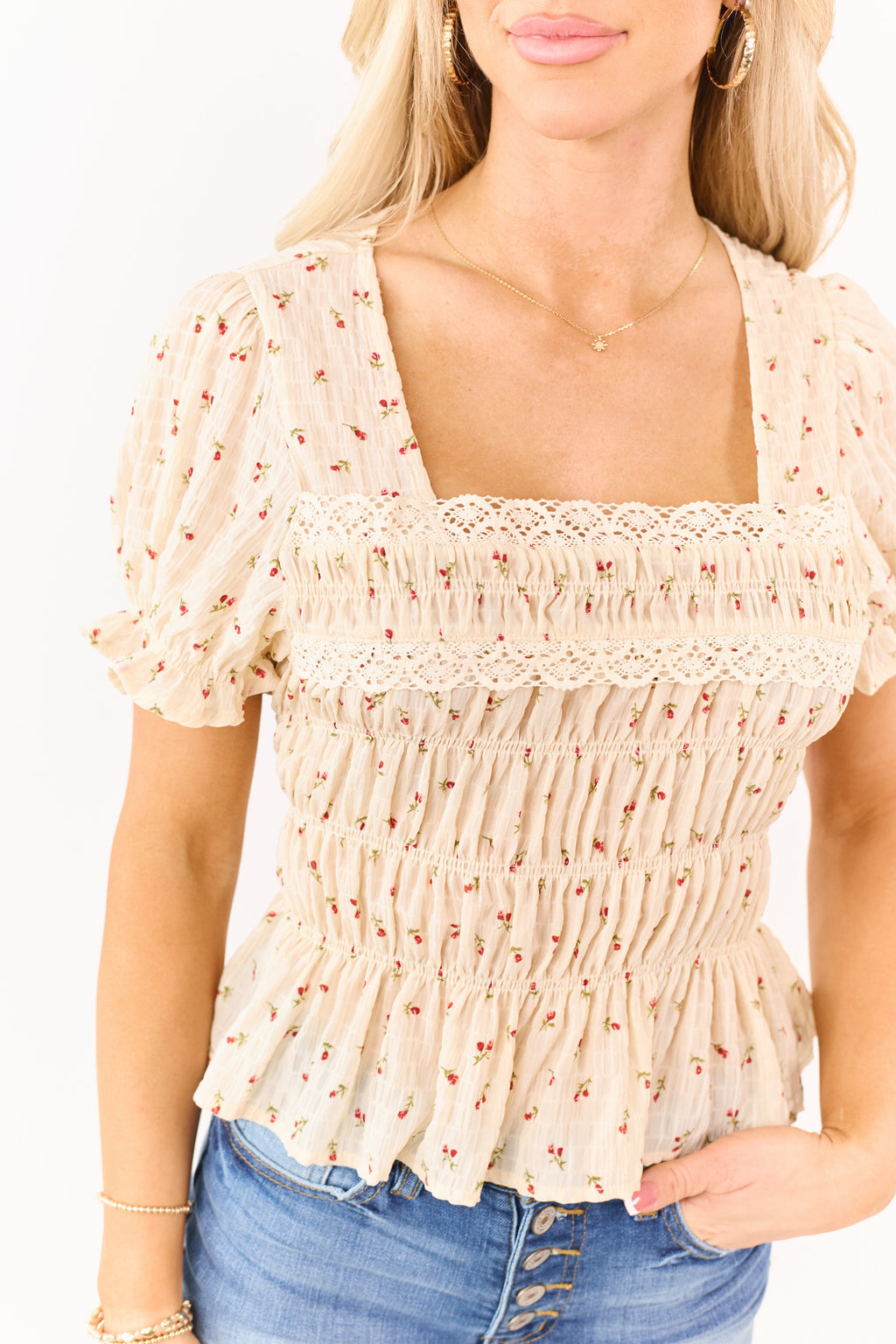 Almond Ditsy Floral Print Smocked Chiffon Top
