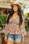 Almond Floral Print Front Twist Babydoll Top
