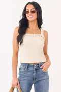 Almond Rib Knit Ruffle Trim Elastic Strap Tank Top