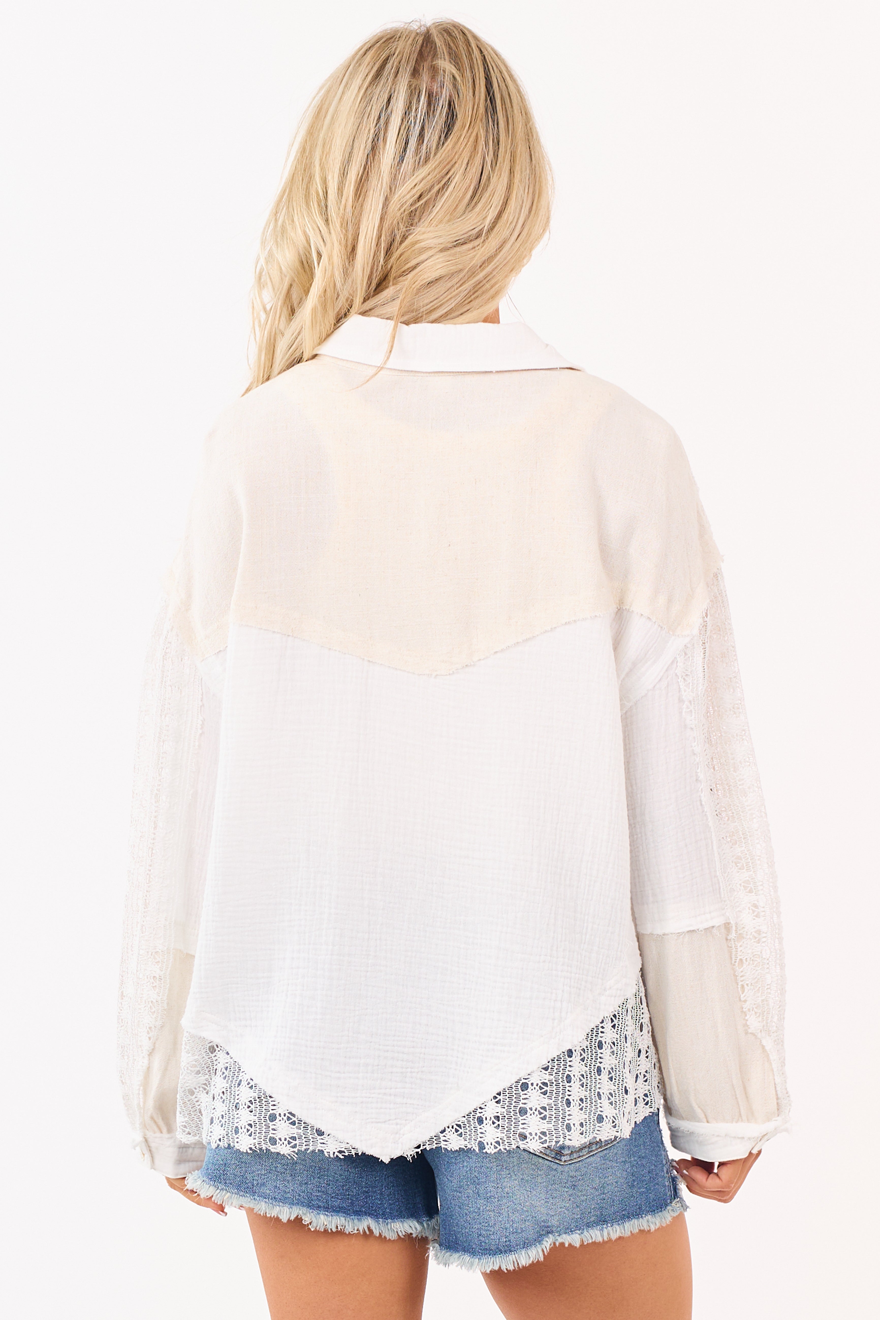 Almond and White Lace Panel Button Down Top