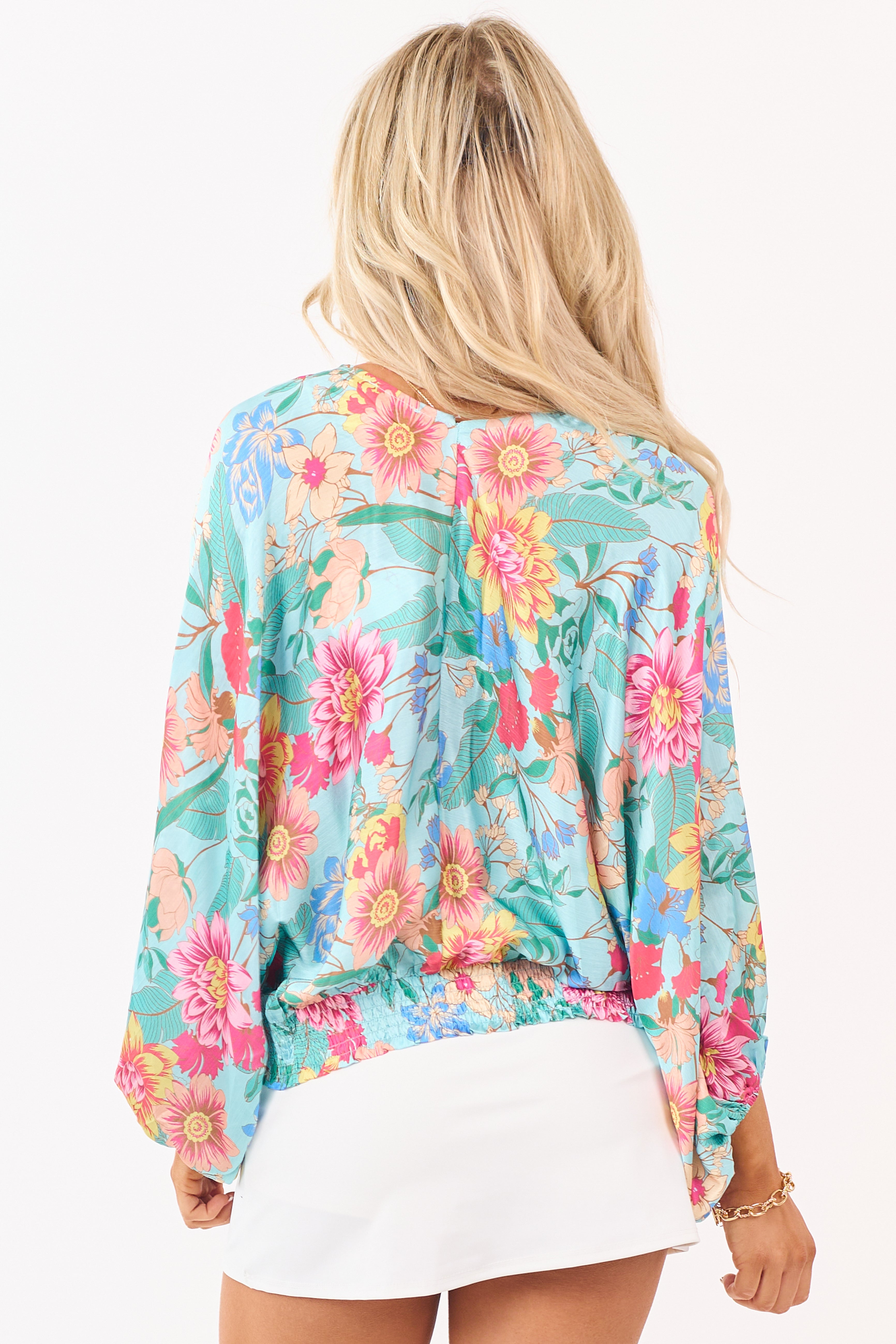 Aqua Satin Floral Print V-Neck Dolman Sleeve Top