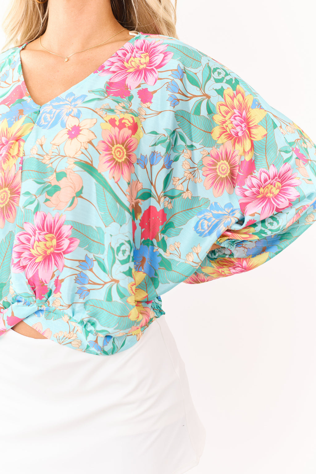 Aqua Satin Floral Print V-Neck Dolman Sleeve Top