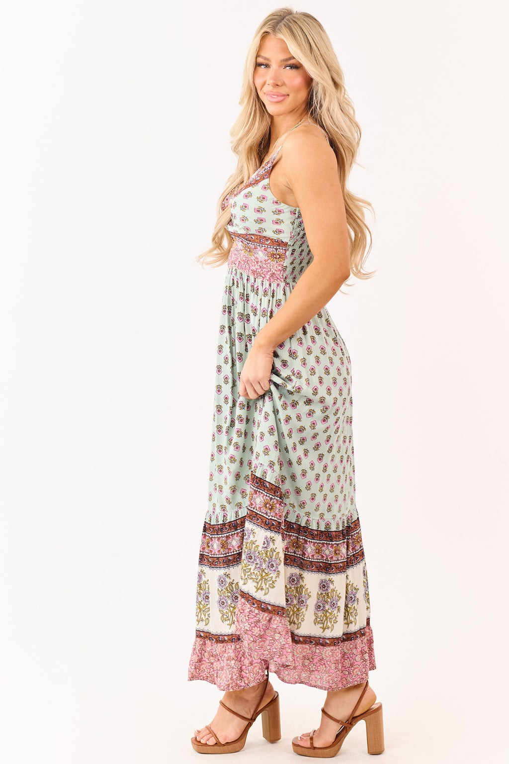 Arctic Blue Boho Floral Front Twist Maxi Dress