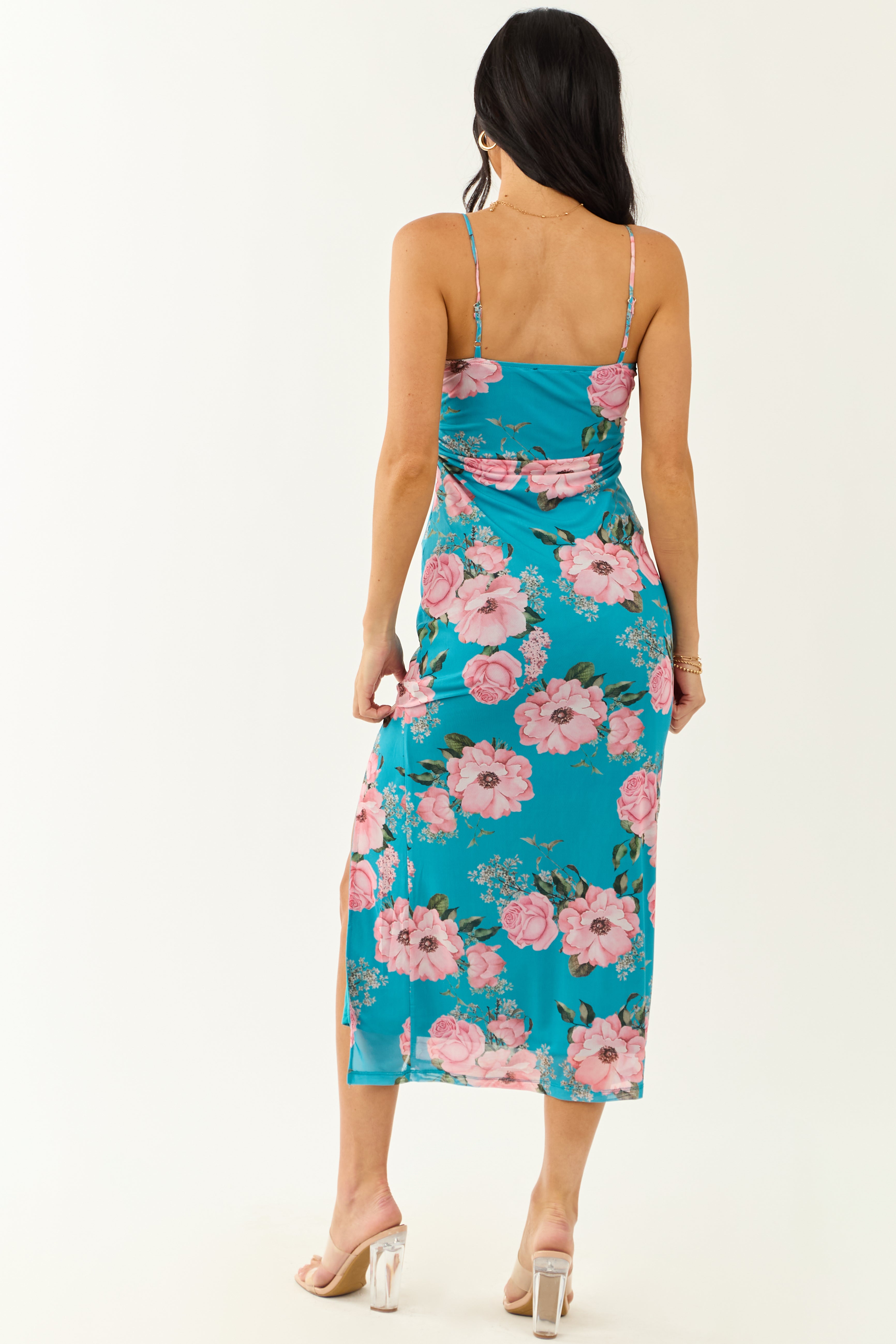 Azure Floral Print Mesh Sleeveless Midi Dress