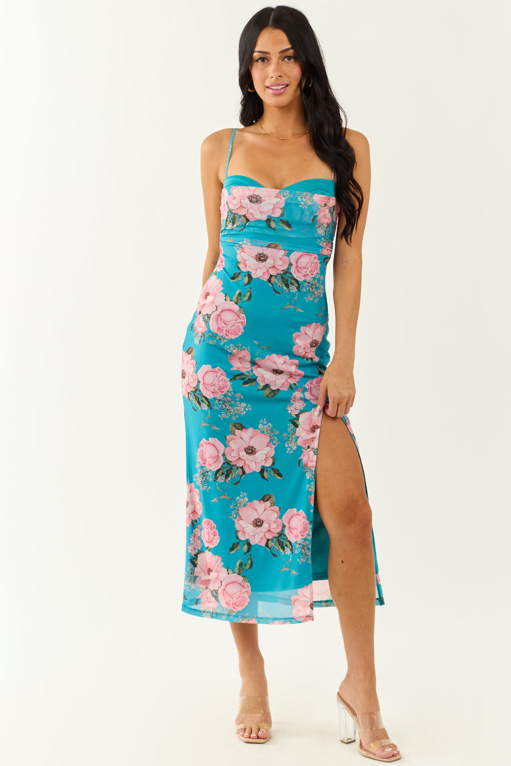 Azure Floral Print Mesh Sleeveless Midi Dress