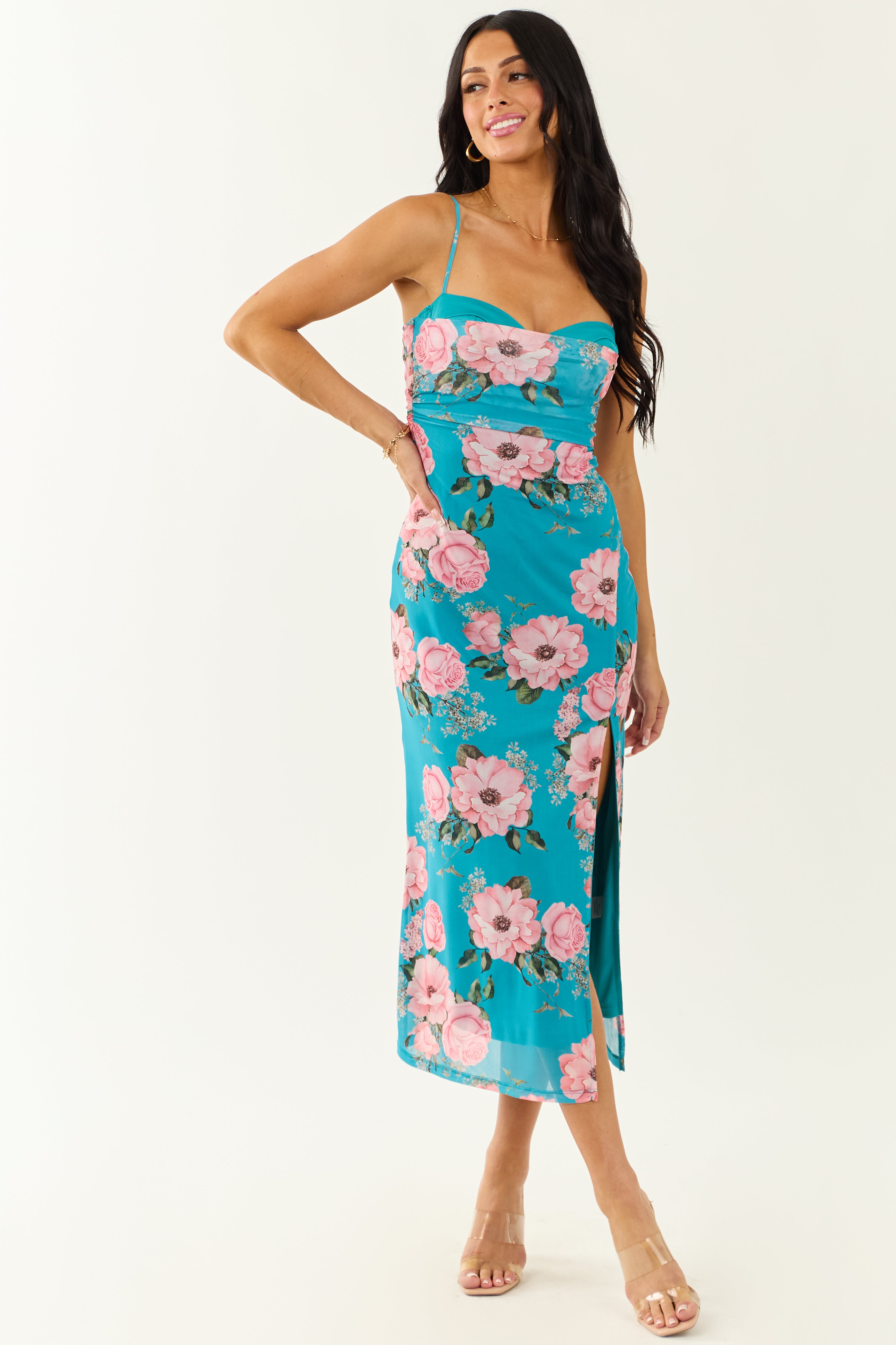 Azure Floral Print Mesh Sleeveless Midi Dress