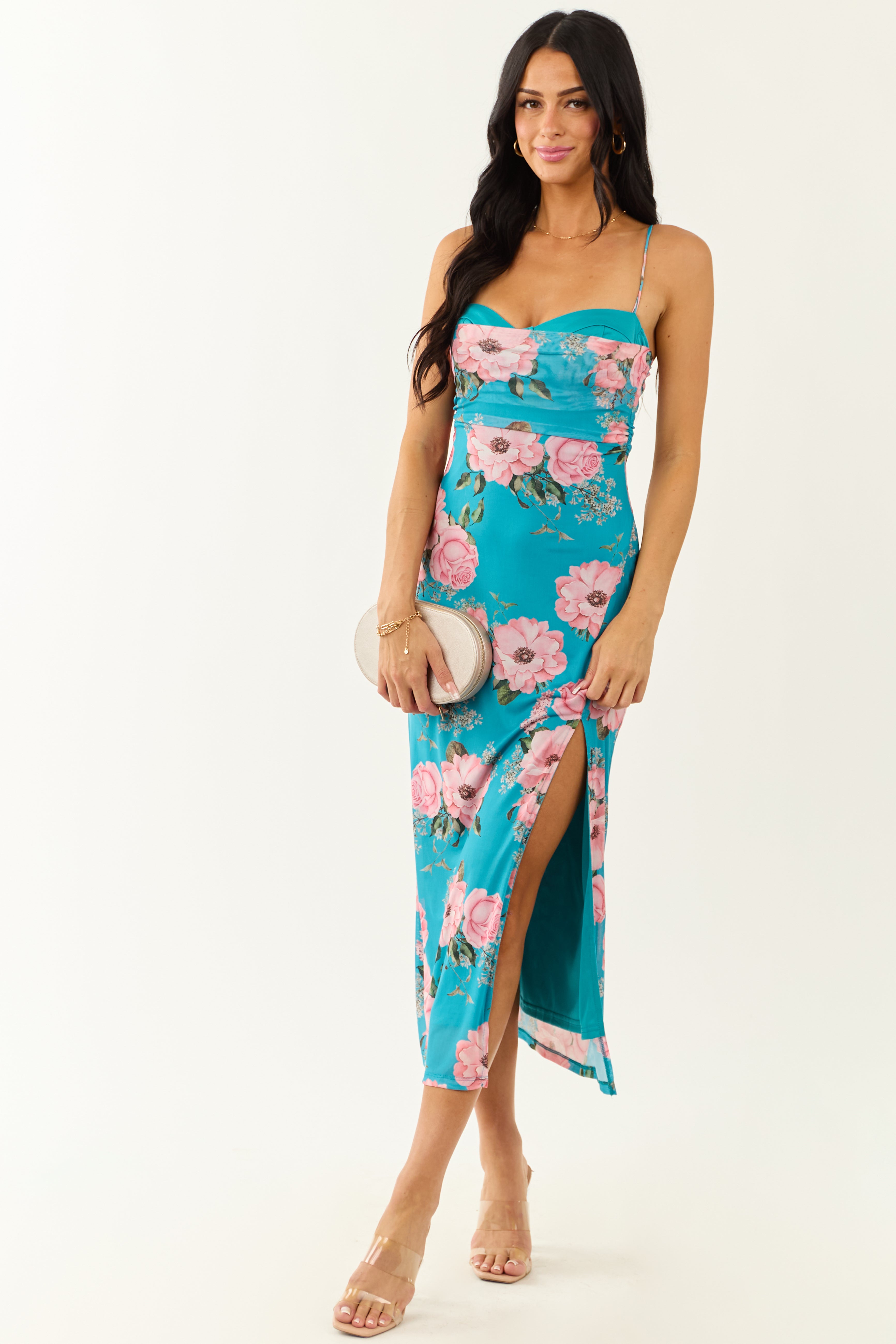 Azure Floral Print Mesh Sleeveless Midi Dress