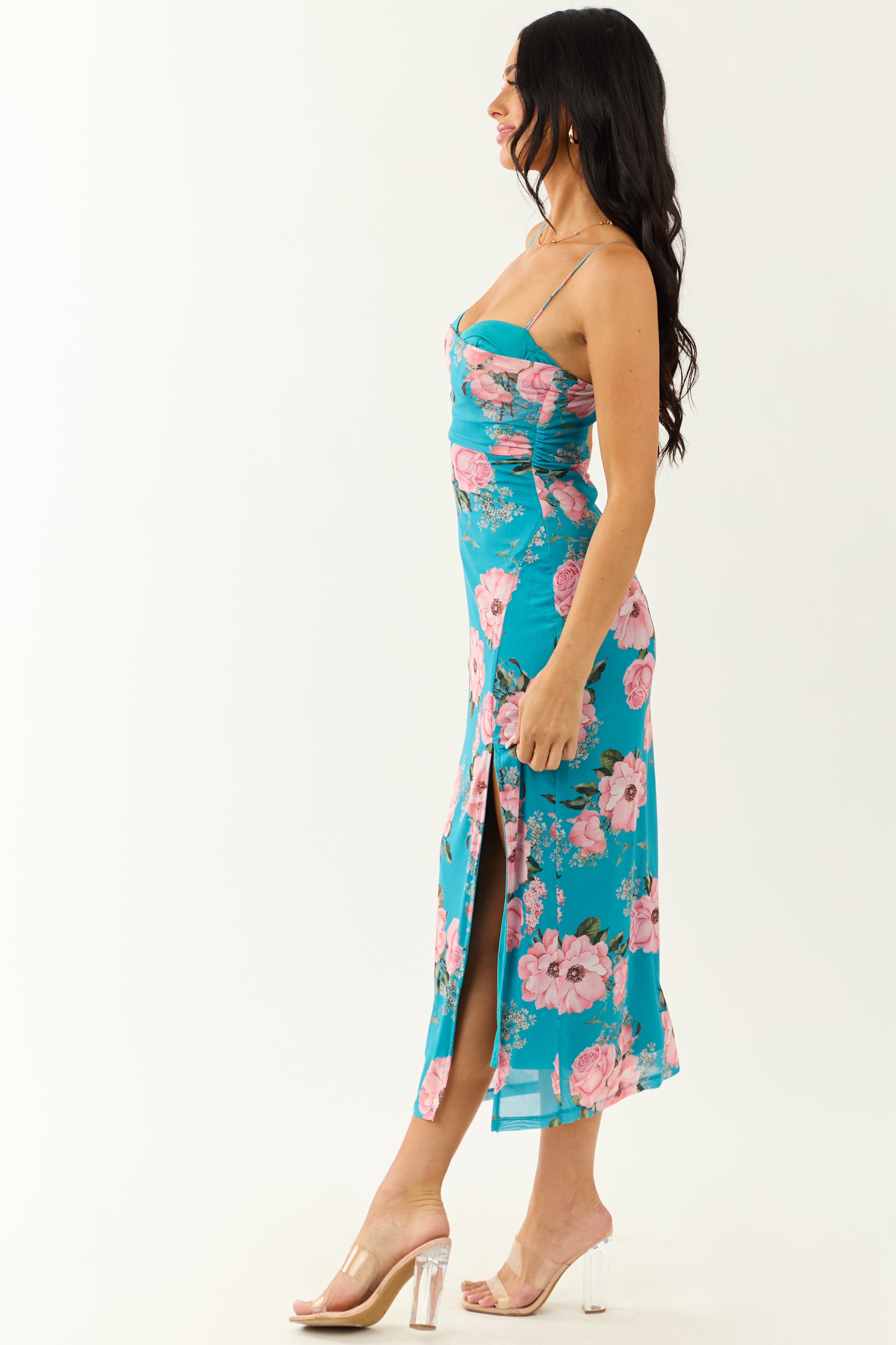 Azure Floral Print Mesh Sleeveless Midi Dress