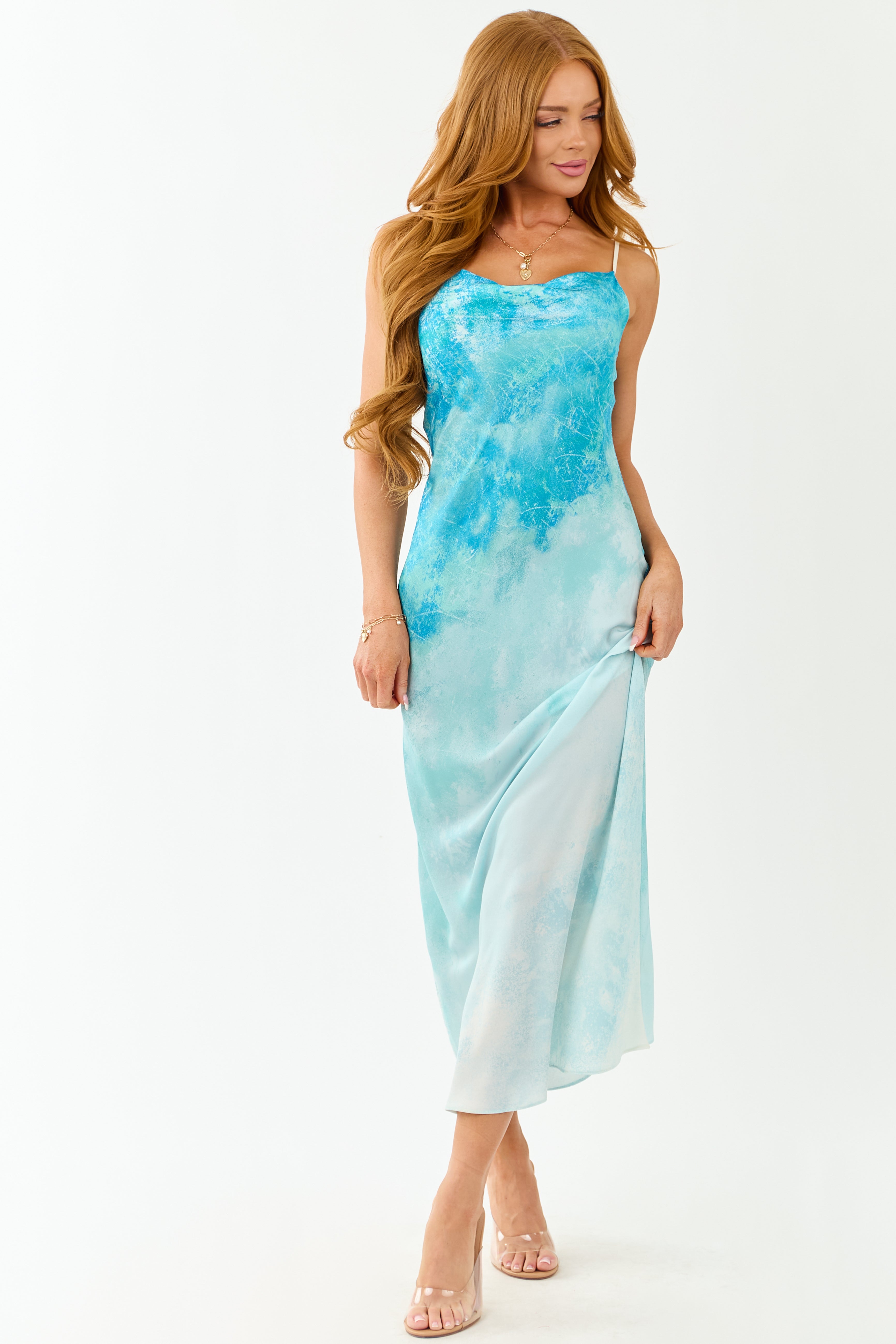 Azure Ombre Cowl Neck Sleeveless Maxi Dress