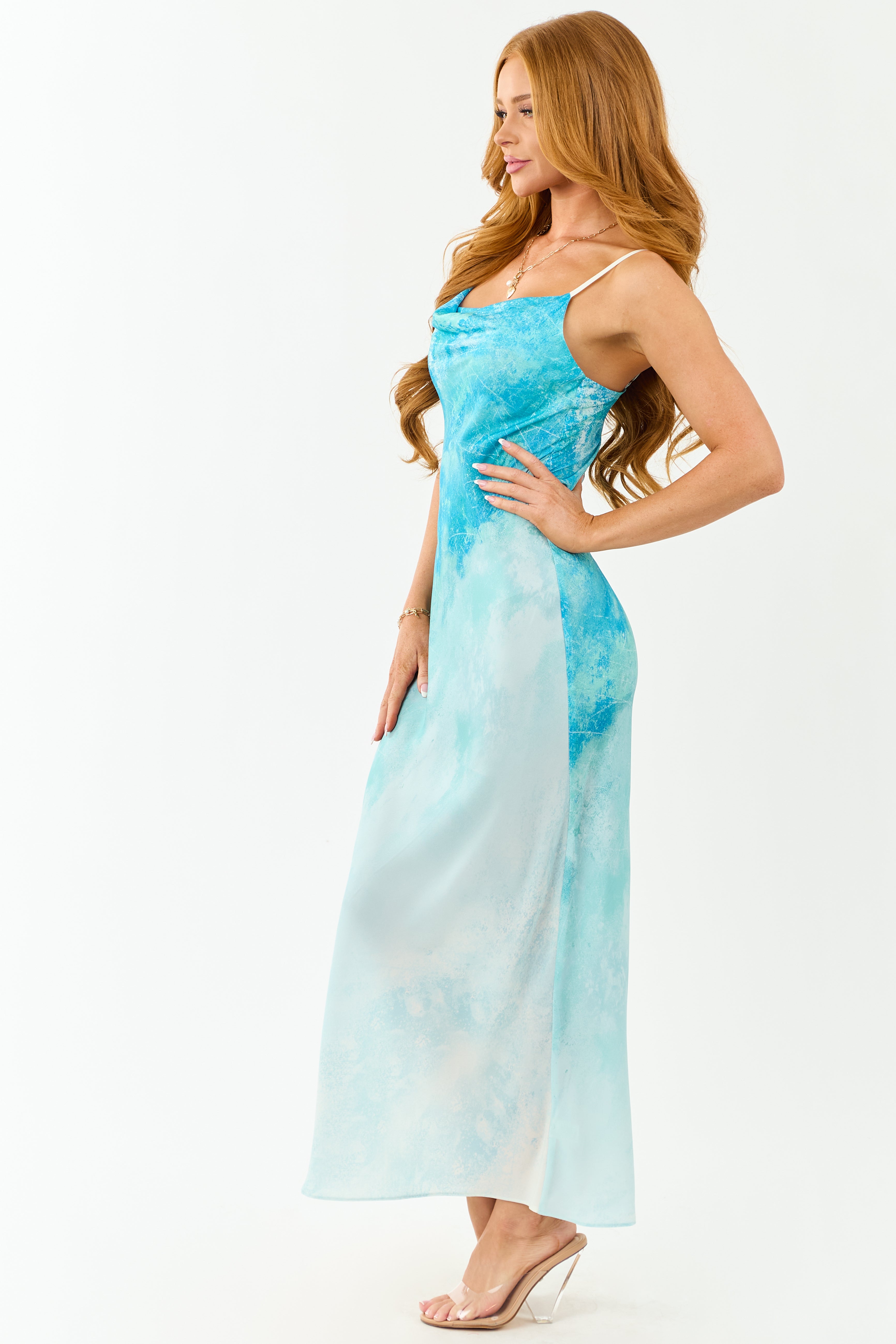 Azure Ombre Cowl Neck Sleeveless Maxi Dress
