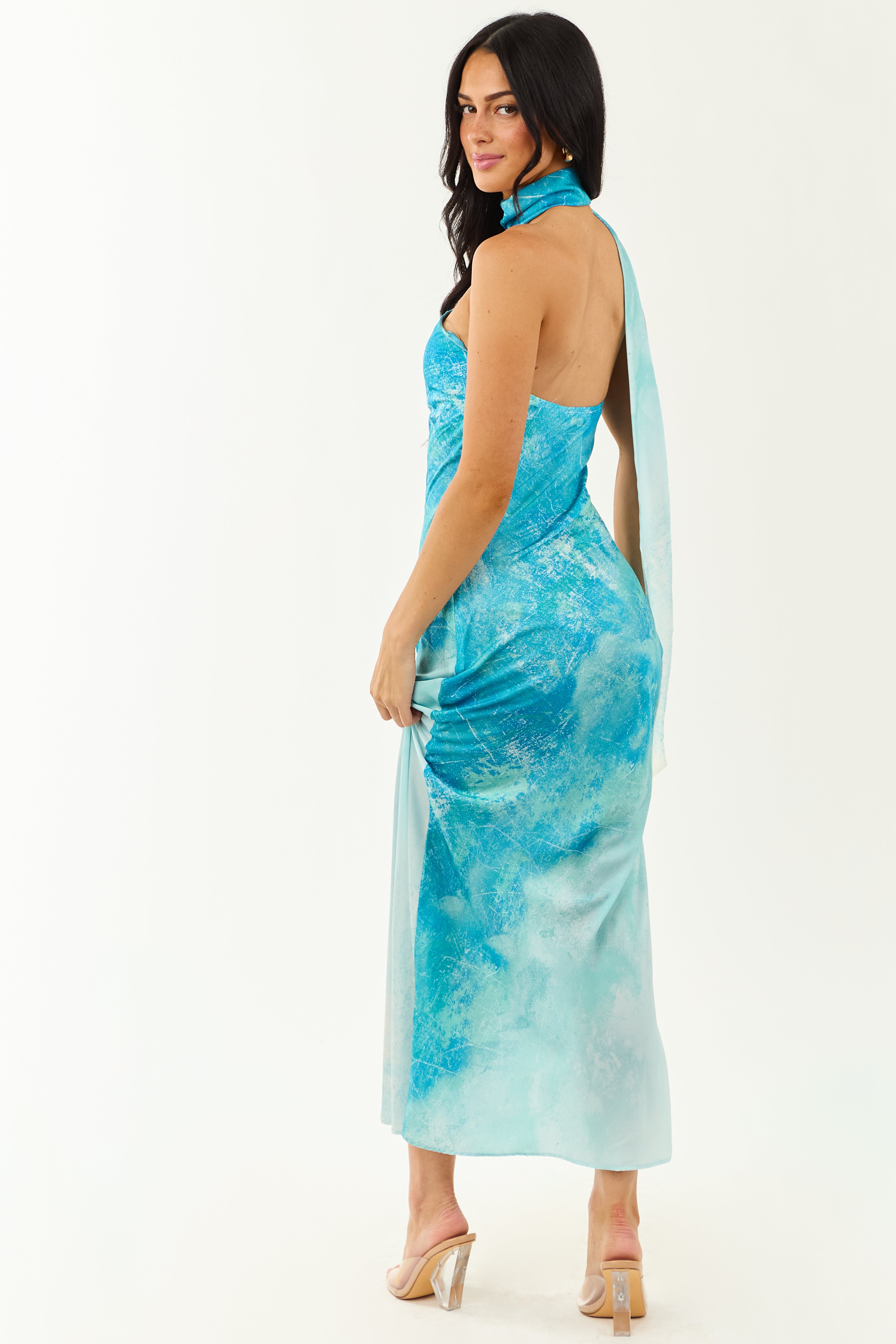 Azure Ombre One Shoulder Sash Maxi Dress