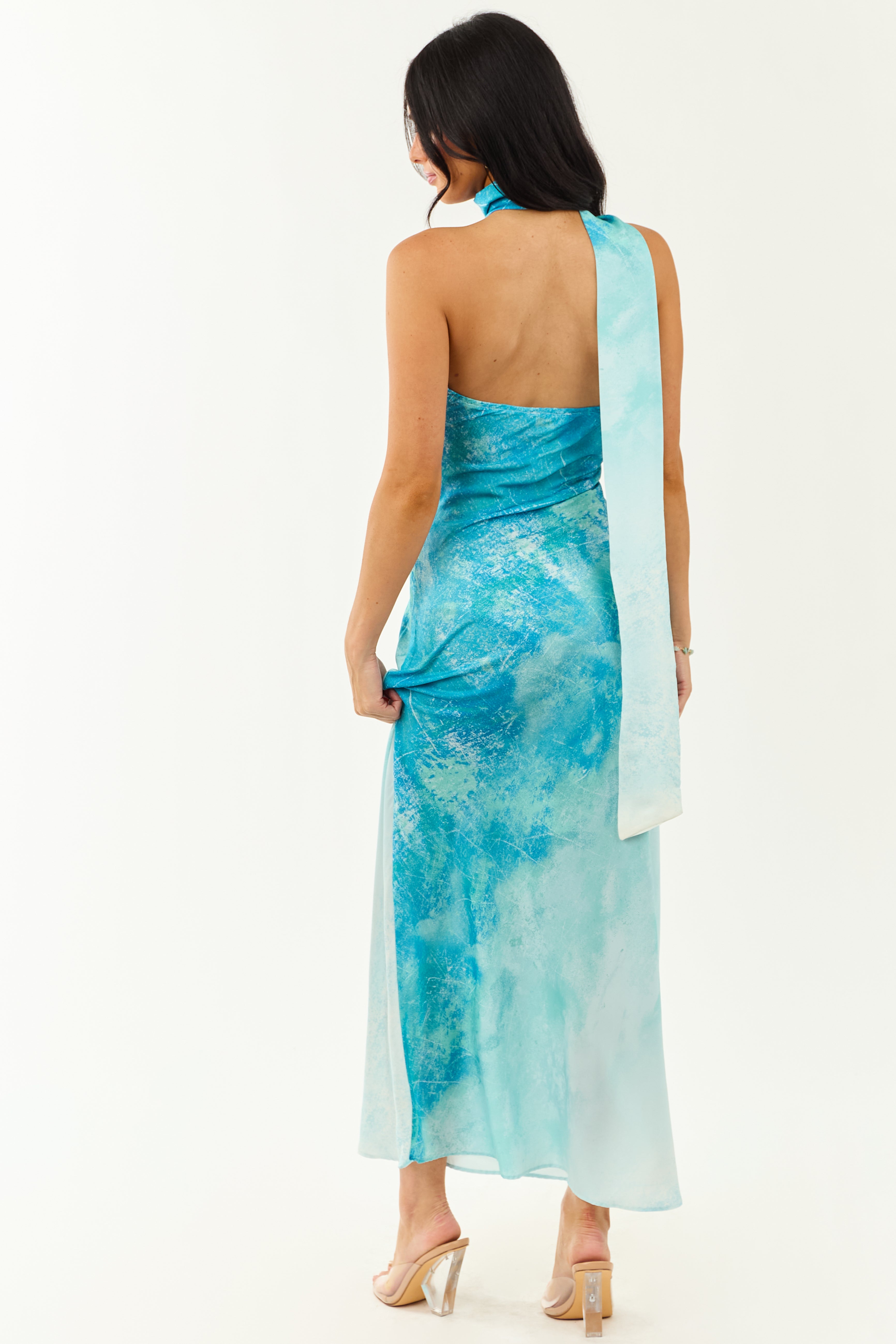 Azure Ombre One Shoulder Sash Maxi Dress
