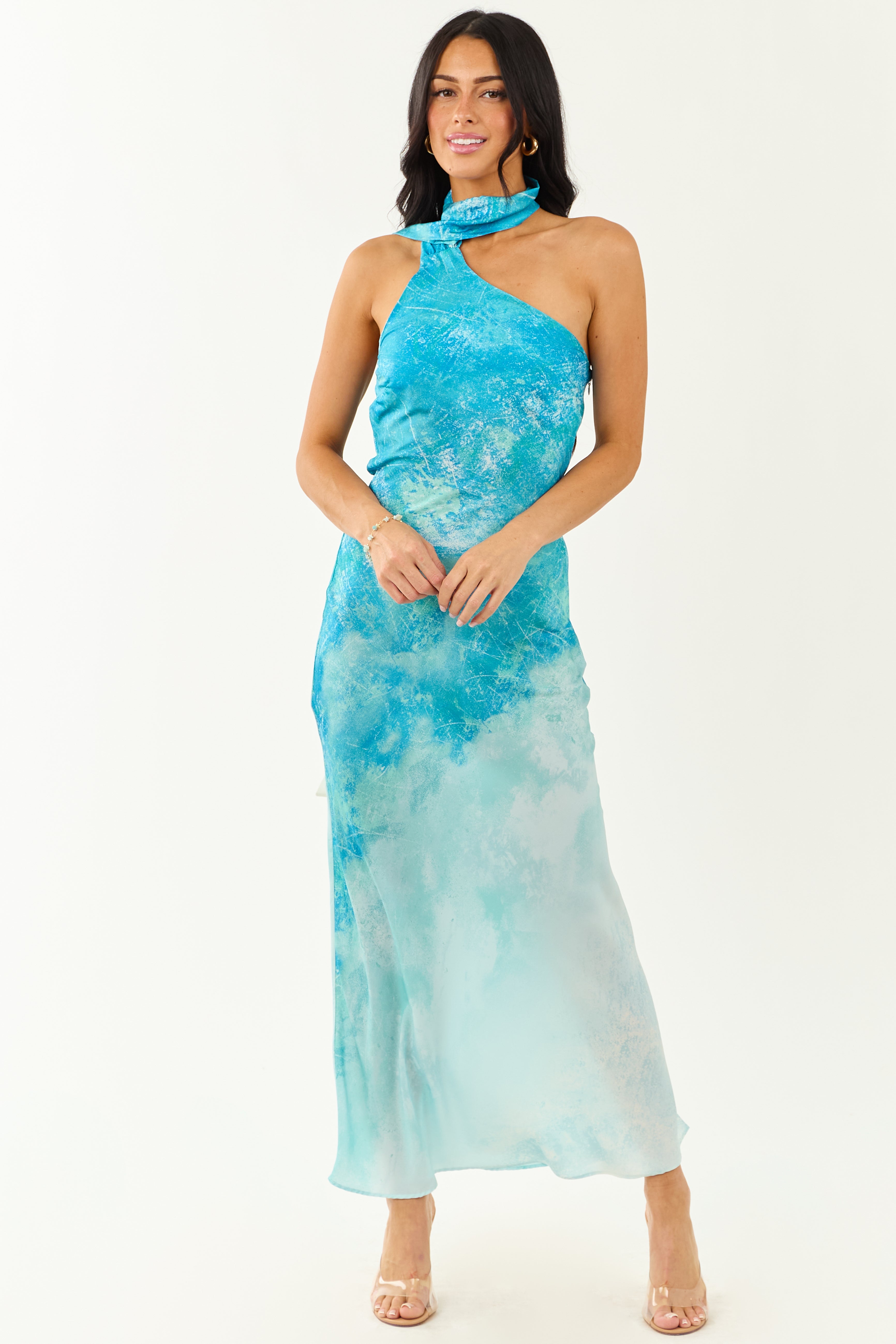 Azure Ombre One Shoulder Sash Maxi Dress
