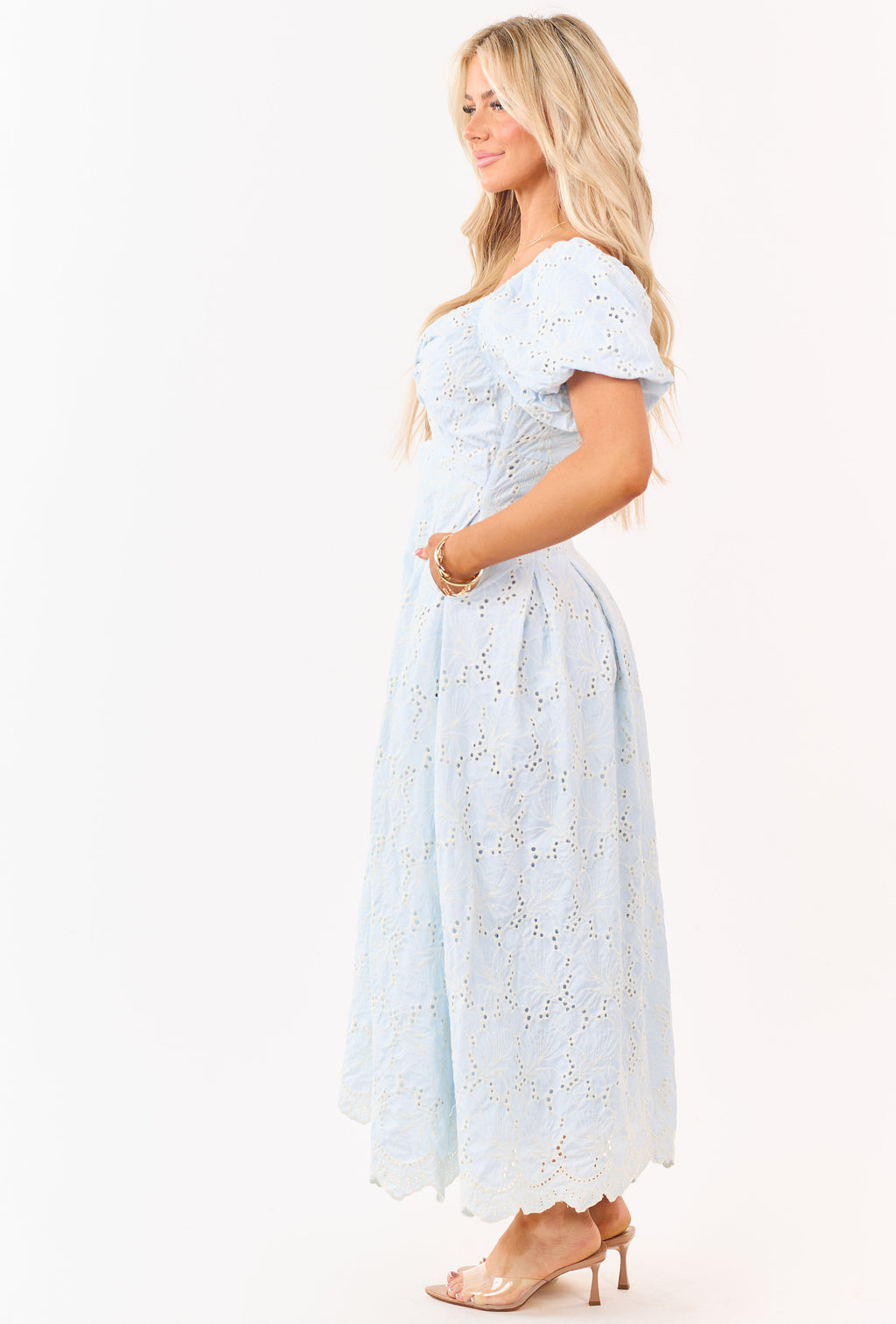 Baby Blue Eyelet Lace Front Twist Maxi Dress