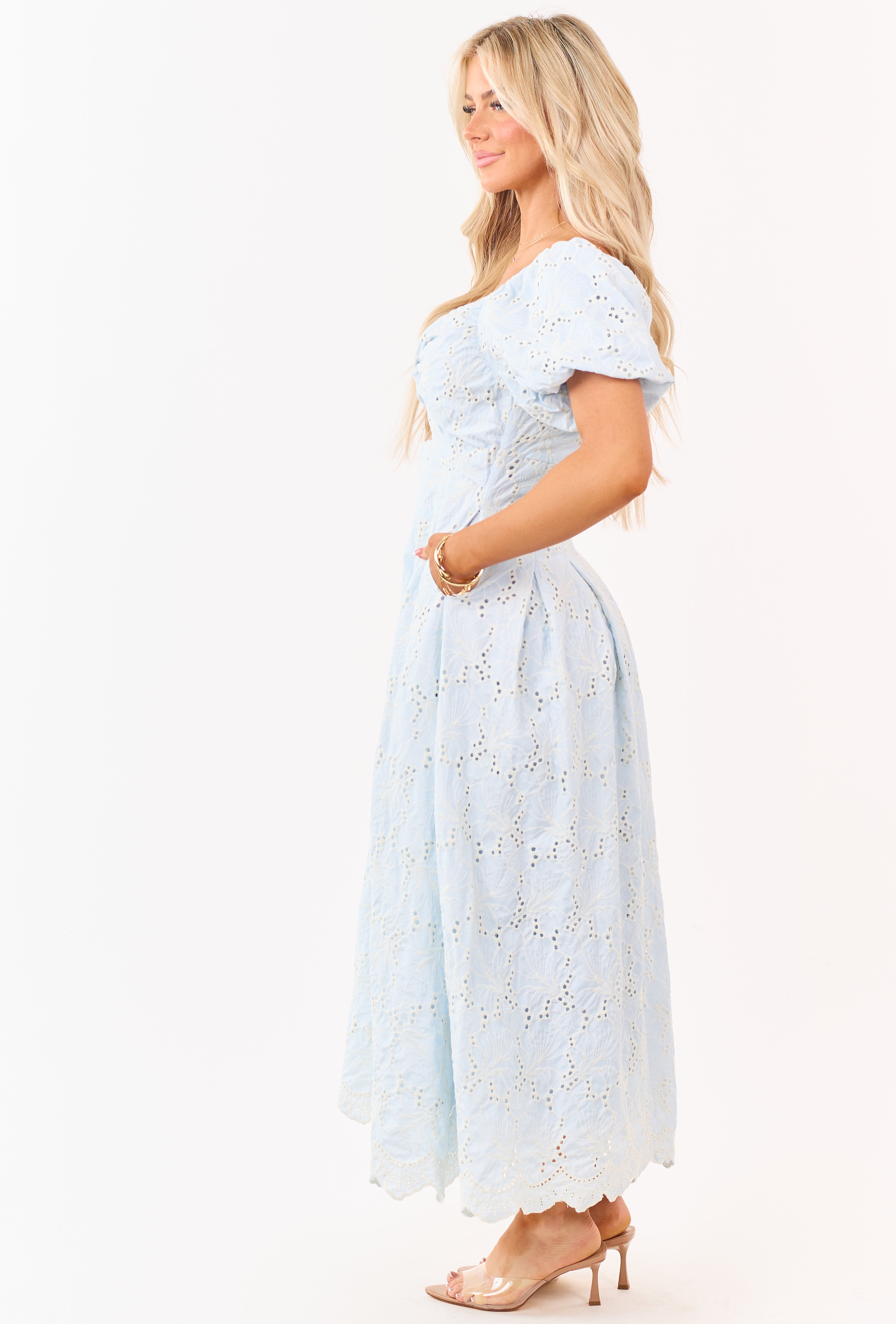 Baby Blue Eyelet Lace Front Twist Maxi Dress