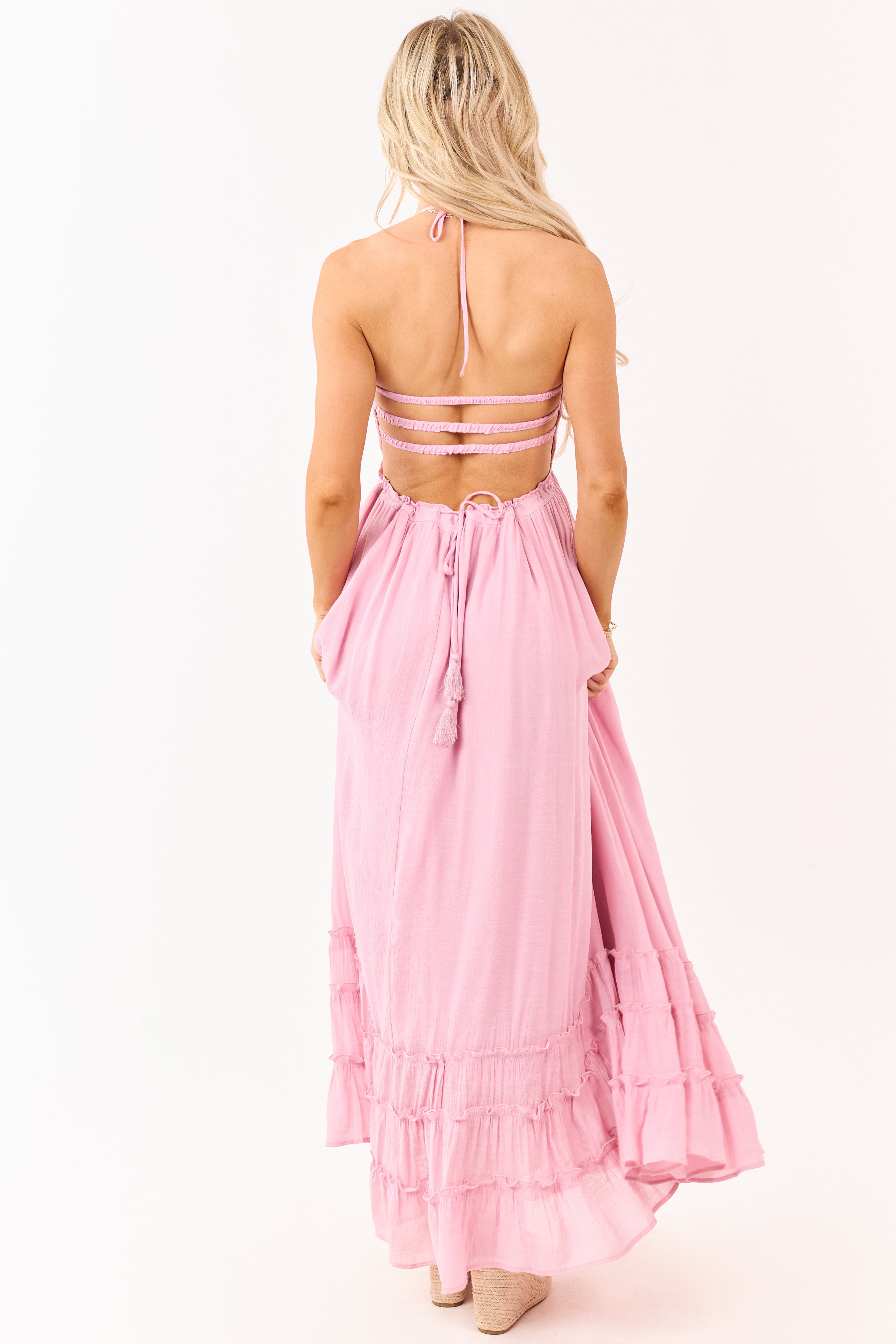 Baby Pink Smocked Open Back Halter Maxi Dress