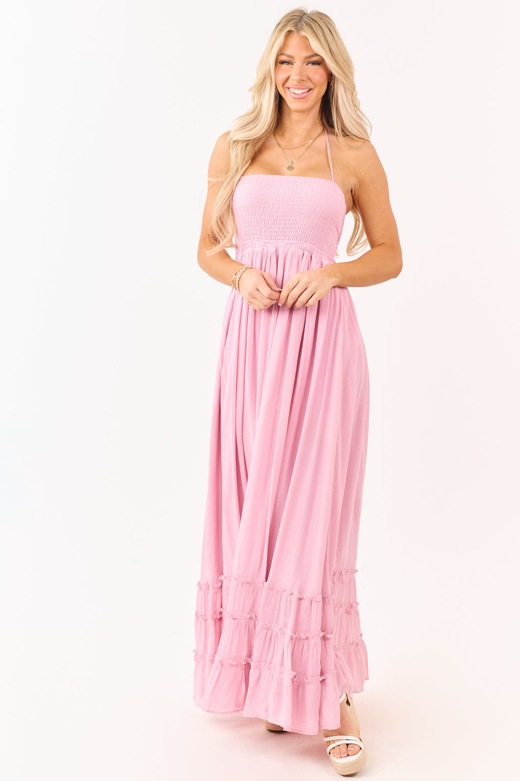 Baby Pink Smocked Open Back Halter Maxi Dress