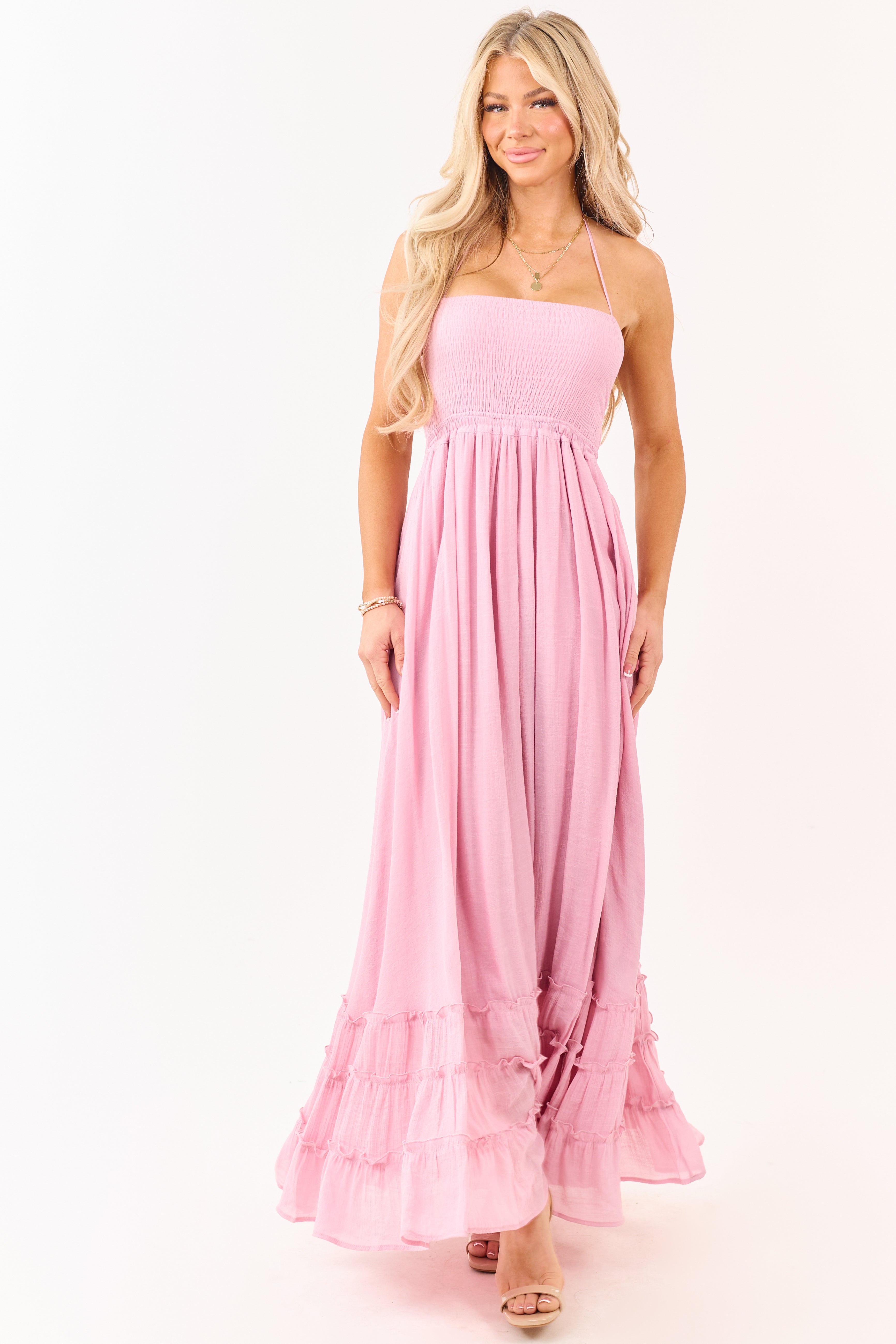 Baby Pink Smocked Open Back Halter Maxi Dress