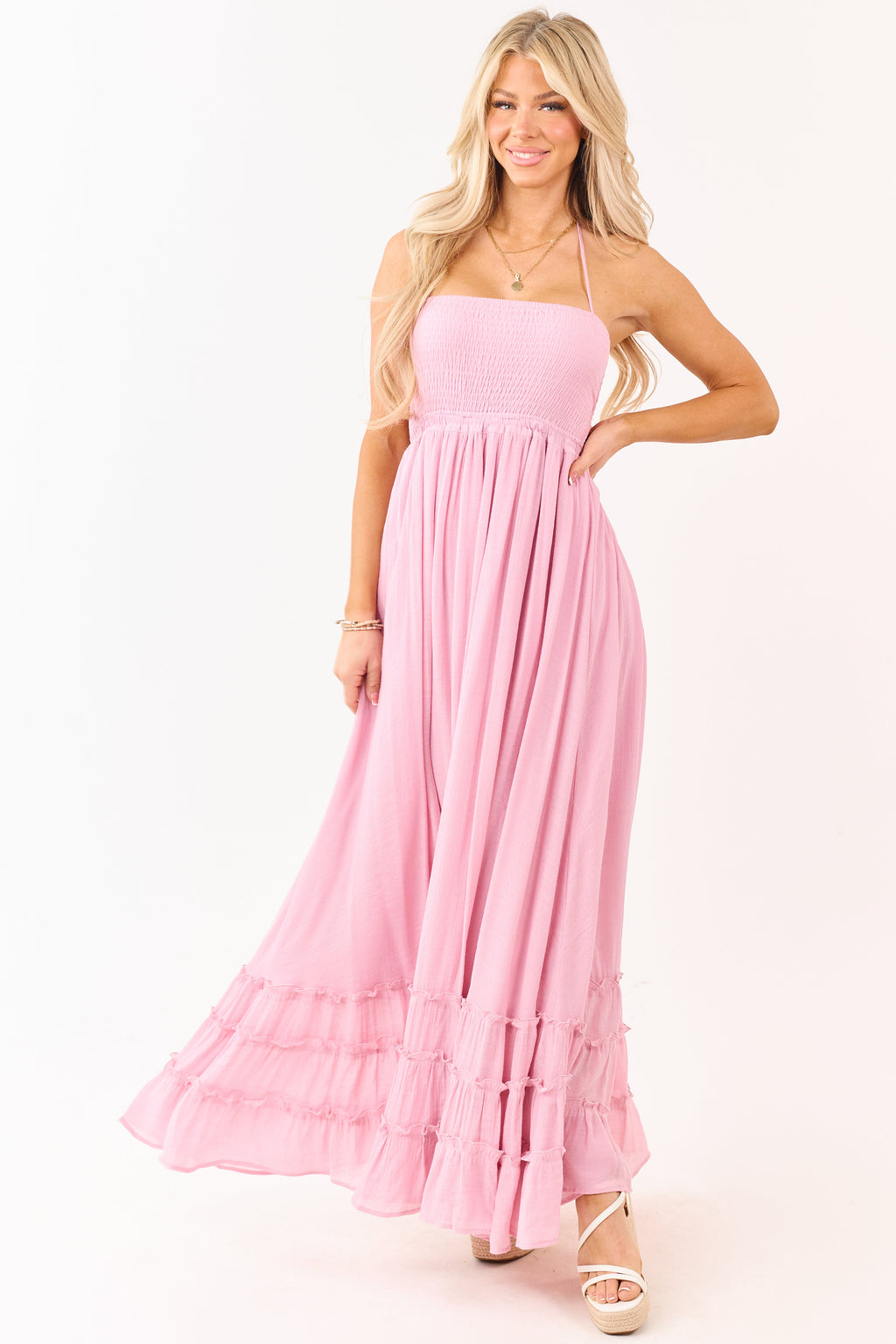 Baby Pink Smocked Open Back Halter Maxi Dress