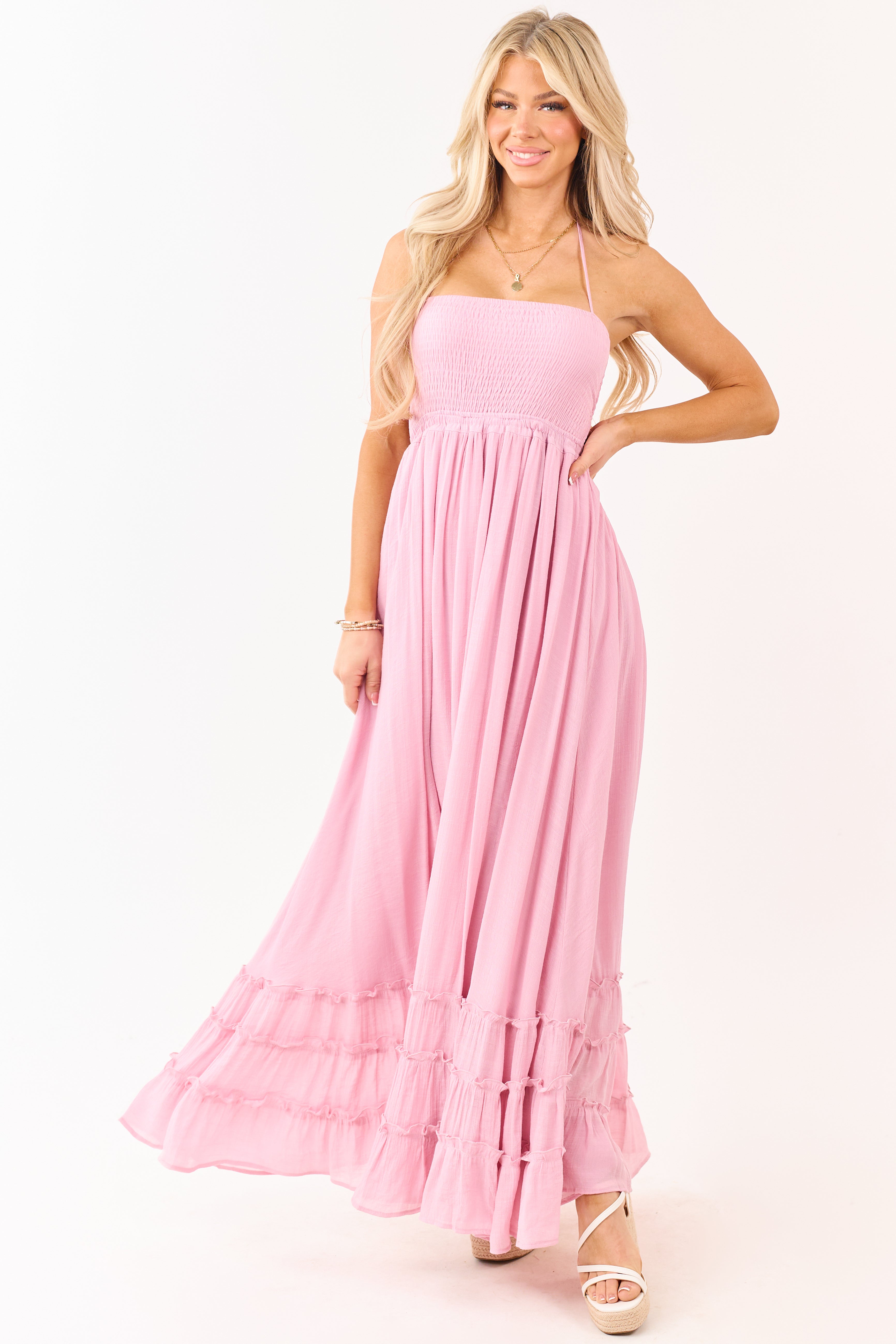 Baby Pink Smocked Open Back Halter Maxi Dress