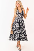 Black Cotton Floral Print Halter Neck Midi Dress