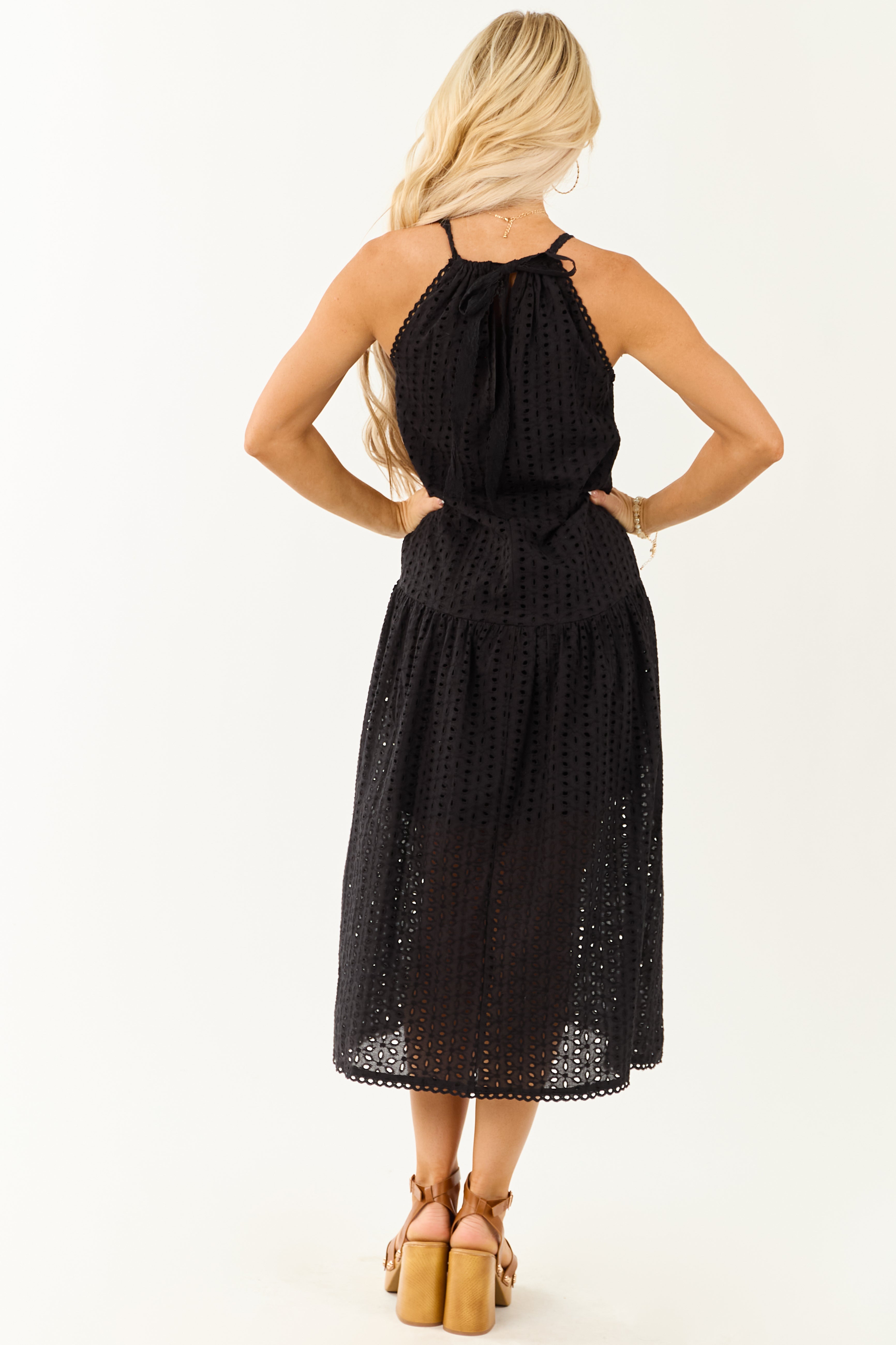 Black Eyelet Halter Tent Style Cotton Midi Dress