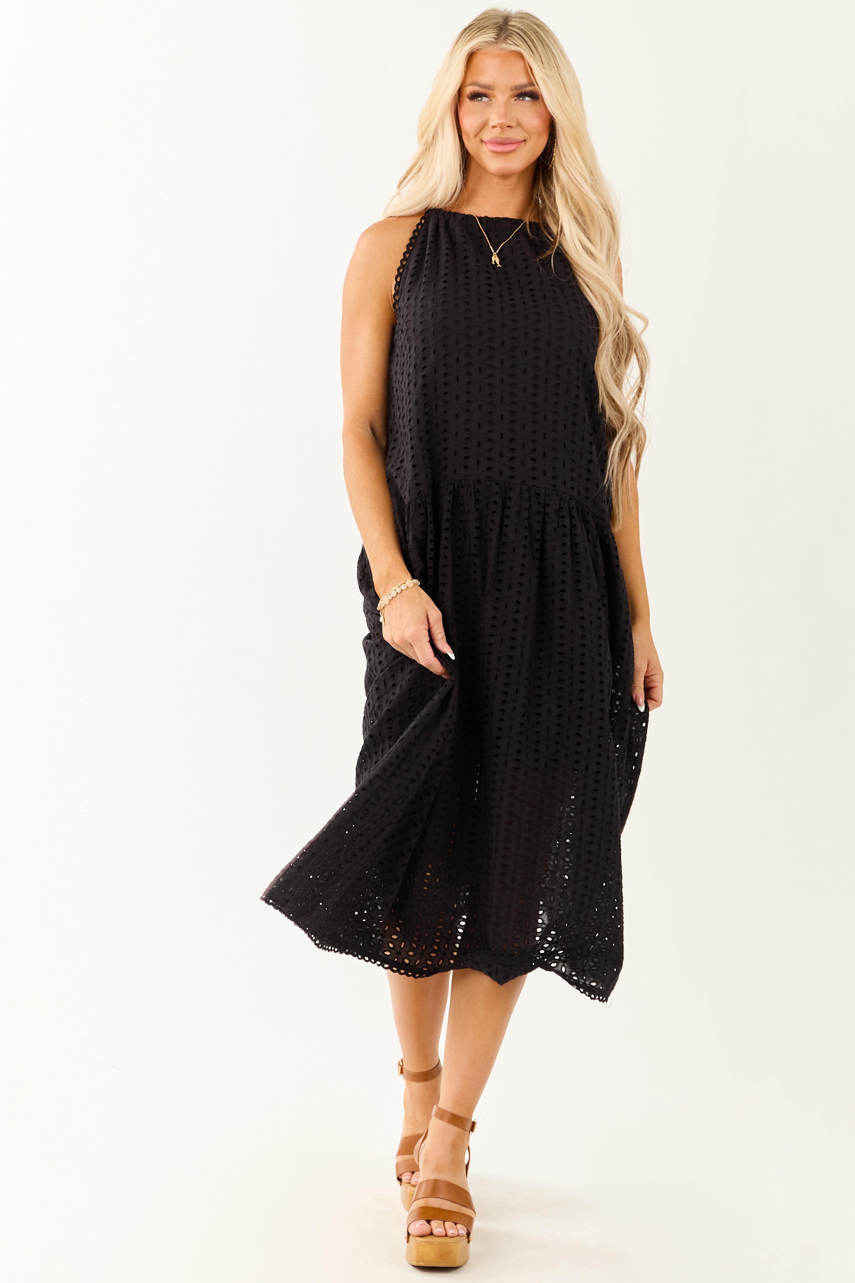 Black Eyelet Halter Tent Style Cotton Midi Dress