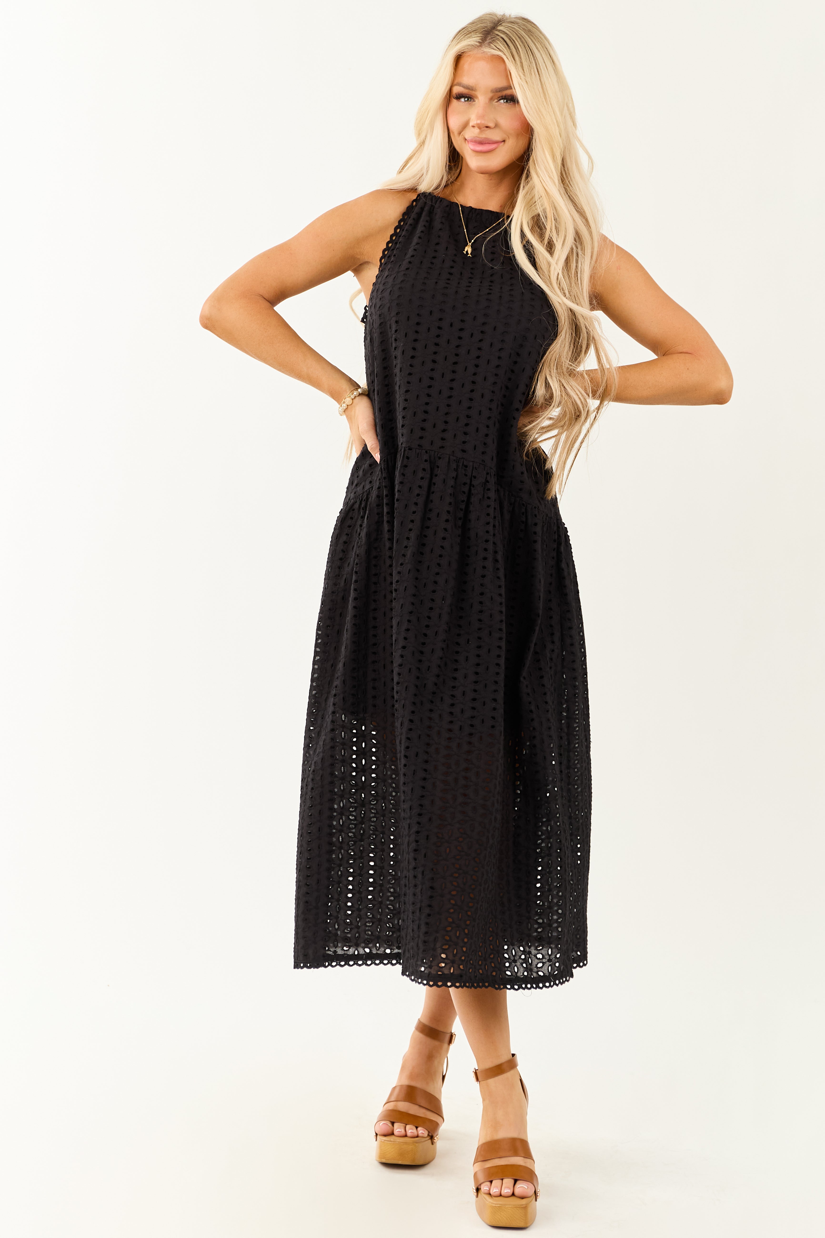 Black Eyelet Halter Tent Style Cotton Midi Dress