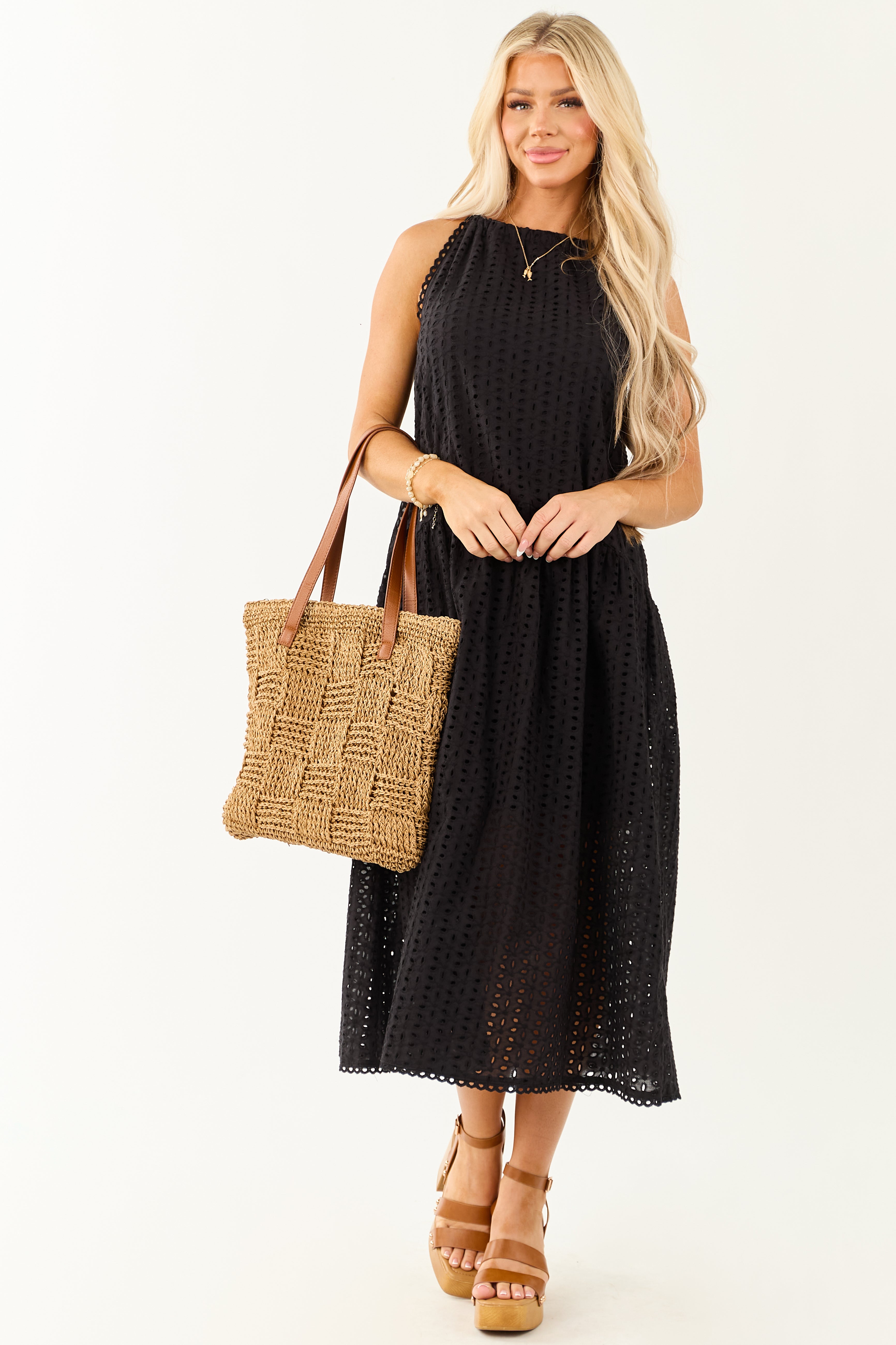 Black Eyelet Halter Tent Style Cotton Midi Dress