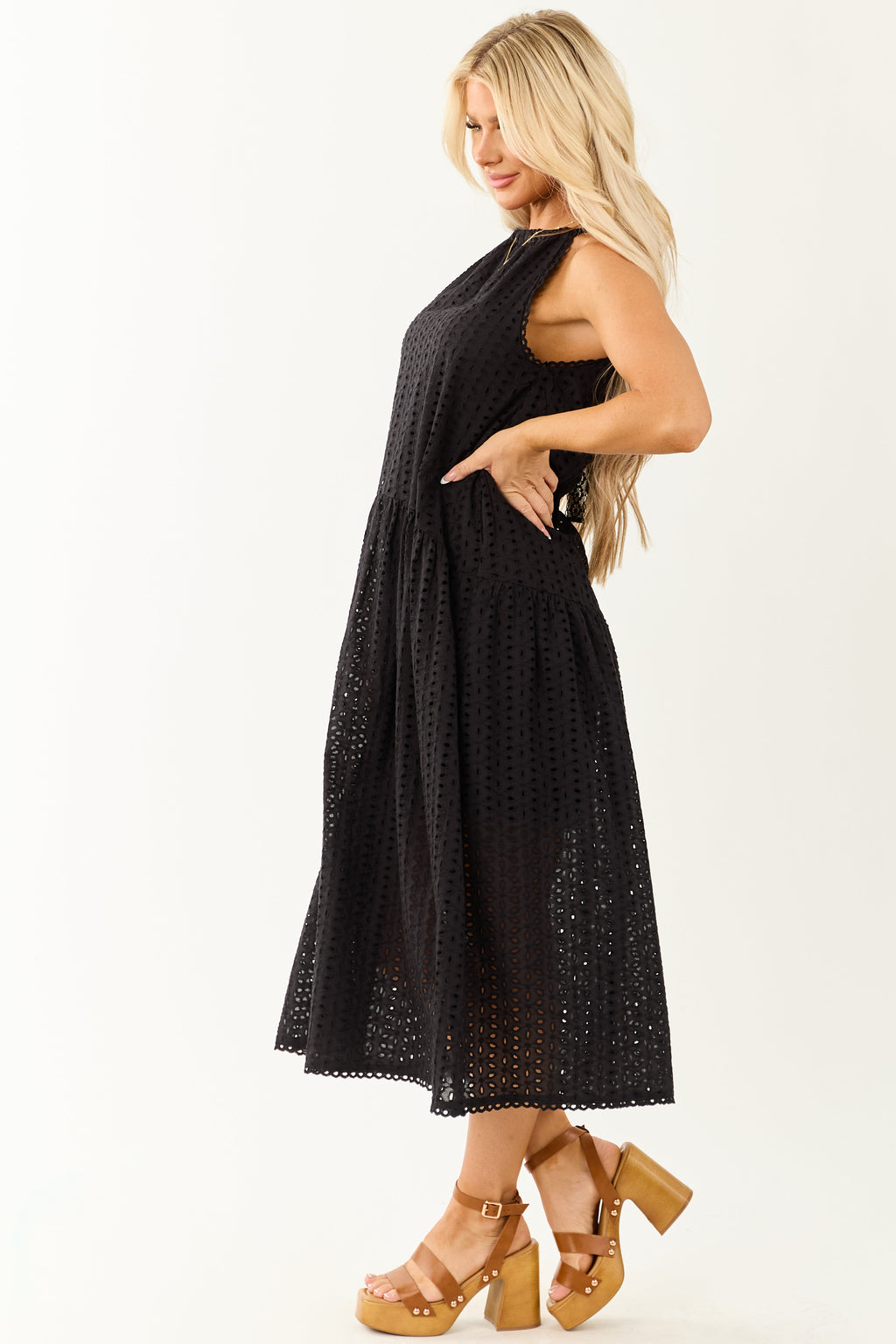 Black Eyelet Halter Tent Style Cotton Midi Dress
