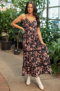 Black Floral Print Front Twist Deep V Maxi Dress