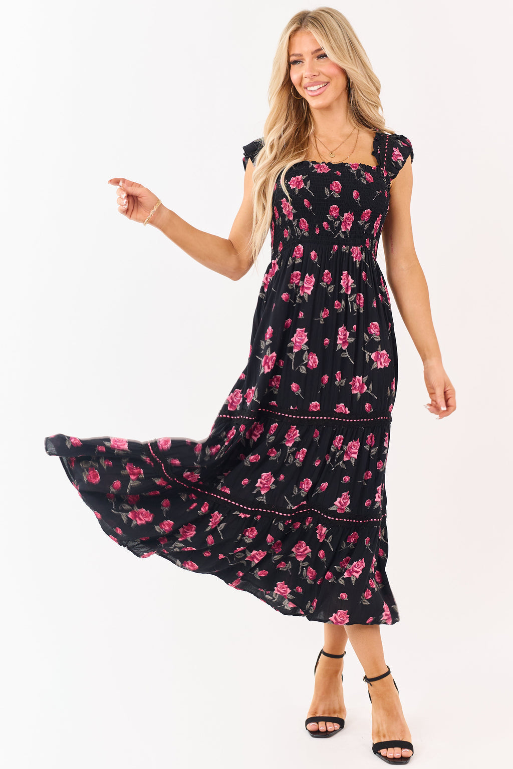 Black Floral Print Smocked Lace Detail Midi Dress