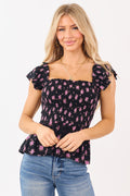 Black Floral Print Smocked Ruffle Cap Sleeve Top