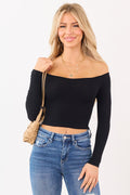 Black Off Shoulder Ruched Long Sleeve Crop Top