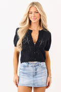 Black Pointelle Button Down Puff Sleeve Cardigan