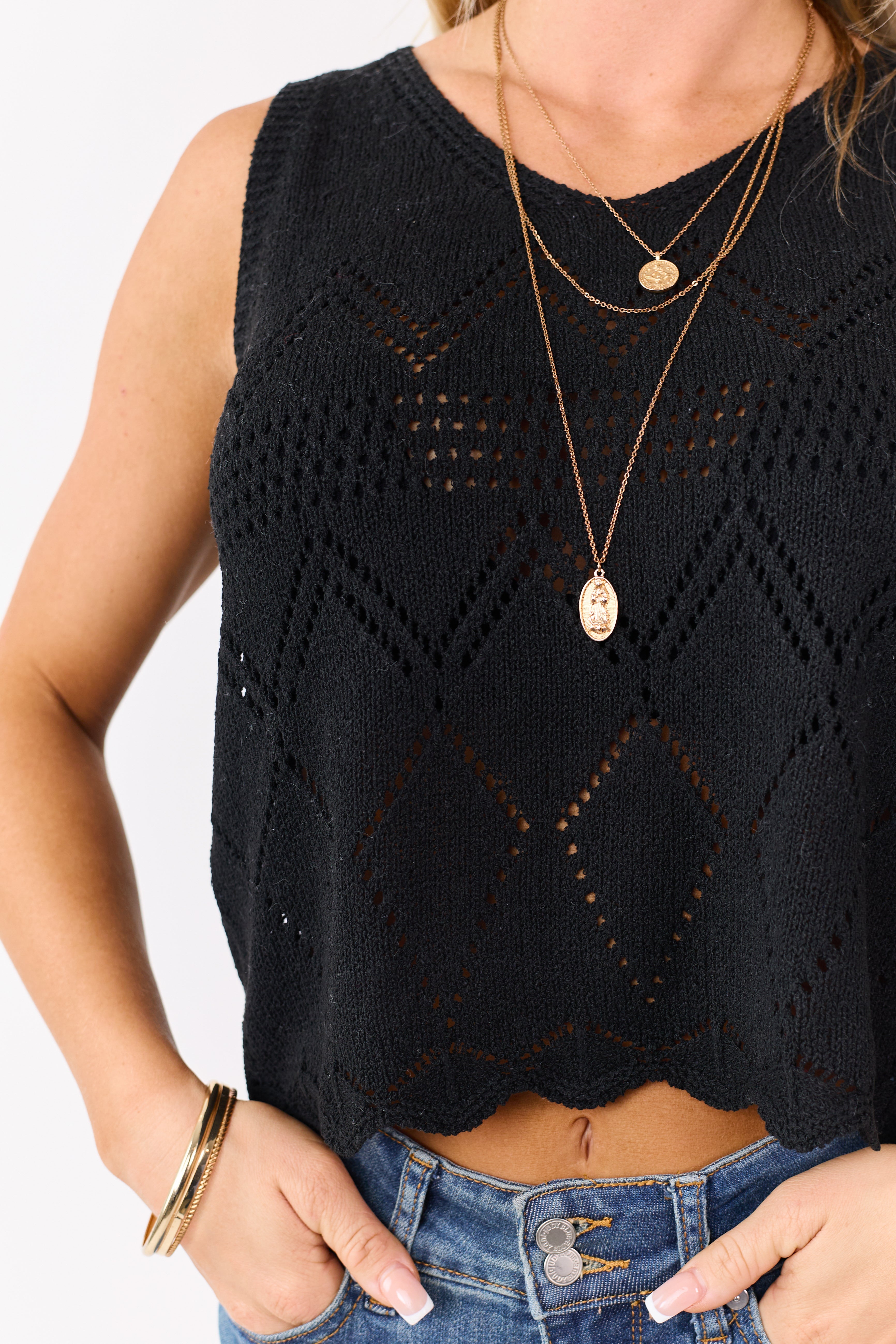 Black Pointelle Knit Scalloped Hem Tank Top