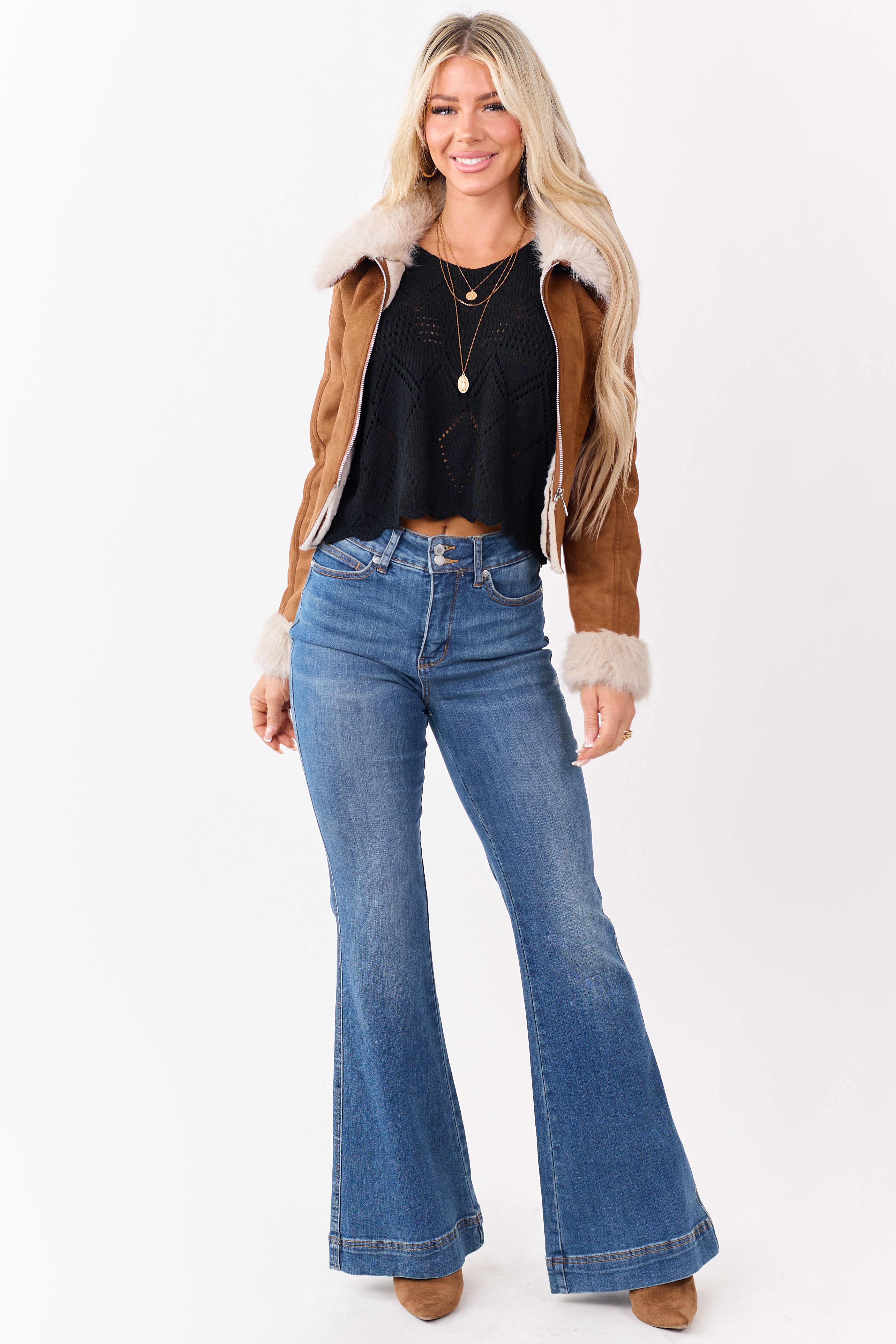 Black Pointelle Knit Scalloped Hem Tank Top