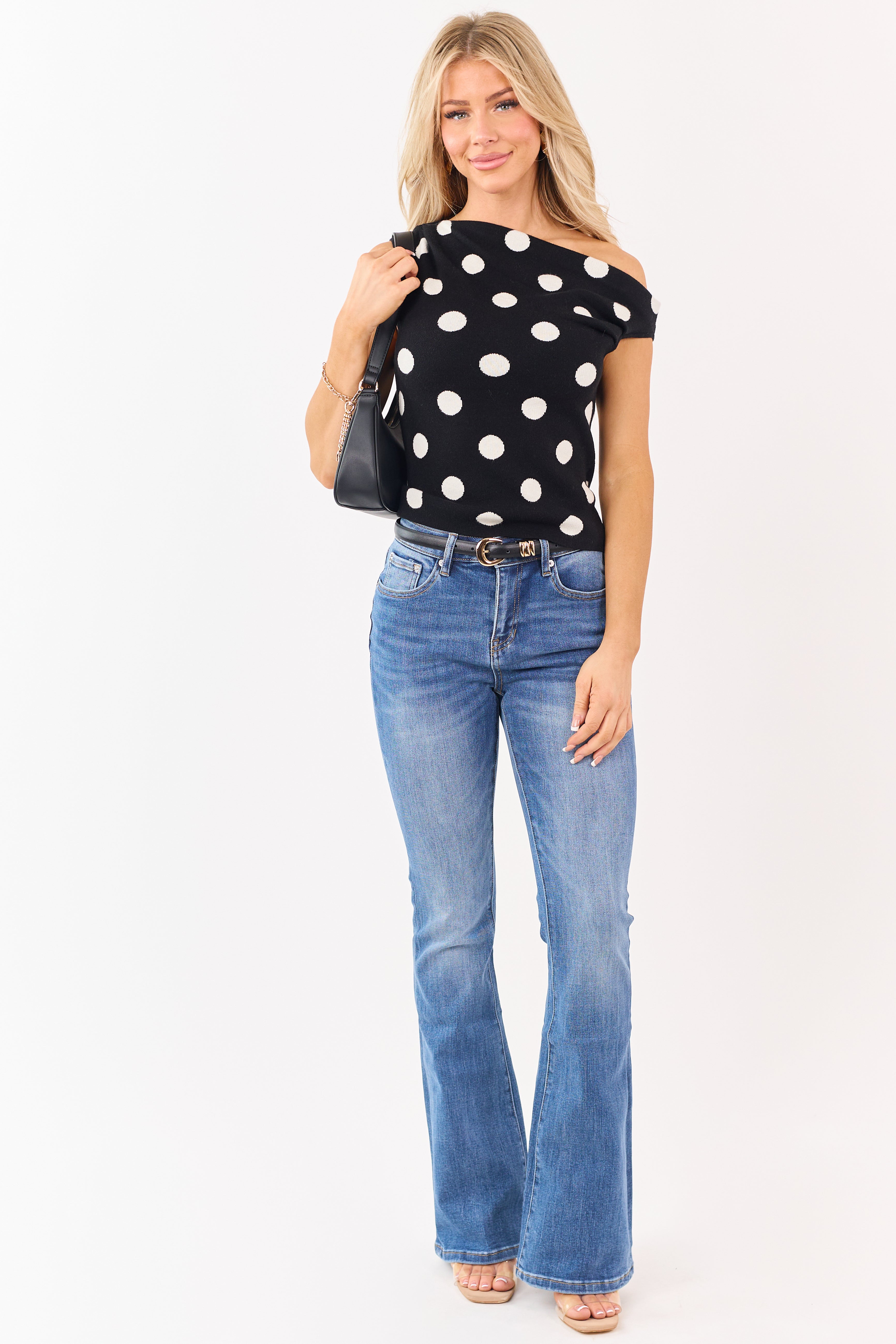 Black Polka Dot Asymmetrical One Shoulder Top