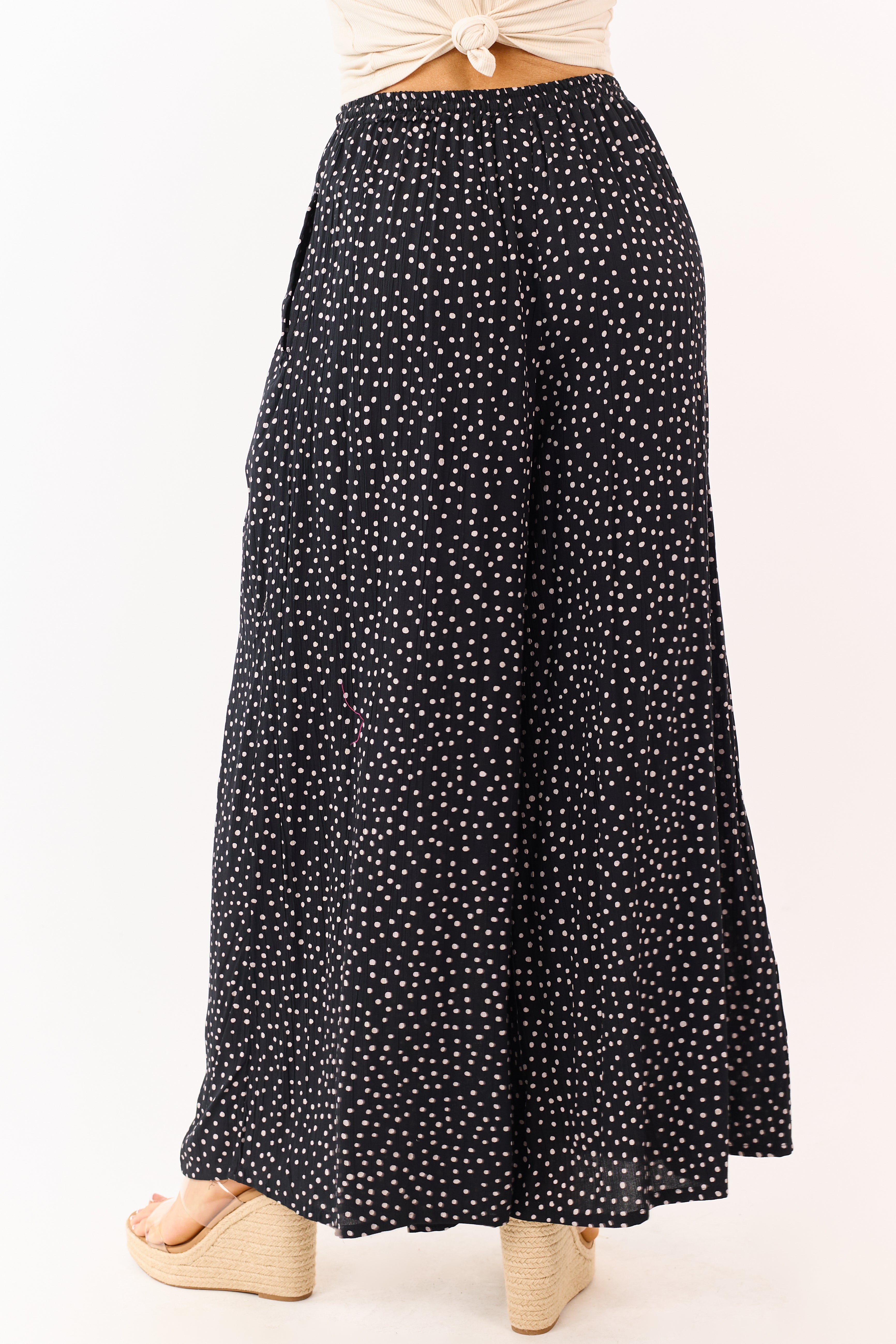 Black Polka Dot Elastic Waist Wide Leg Pants