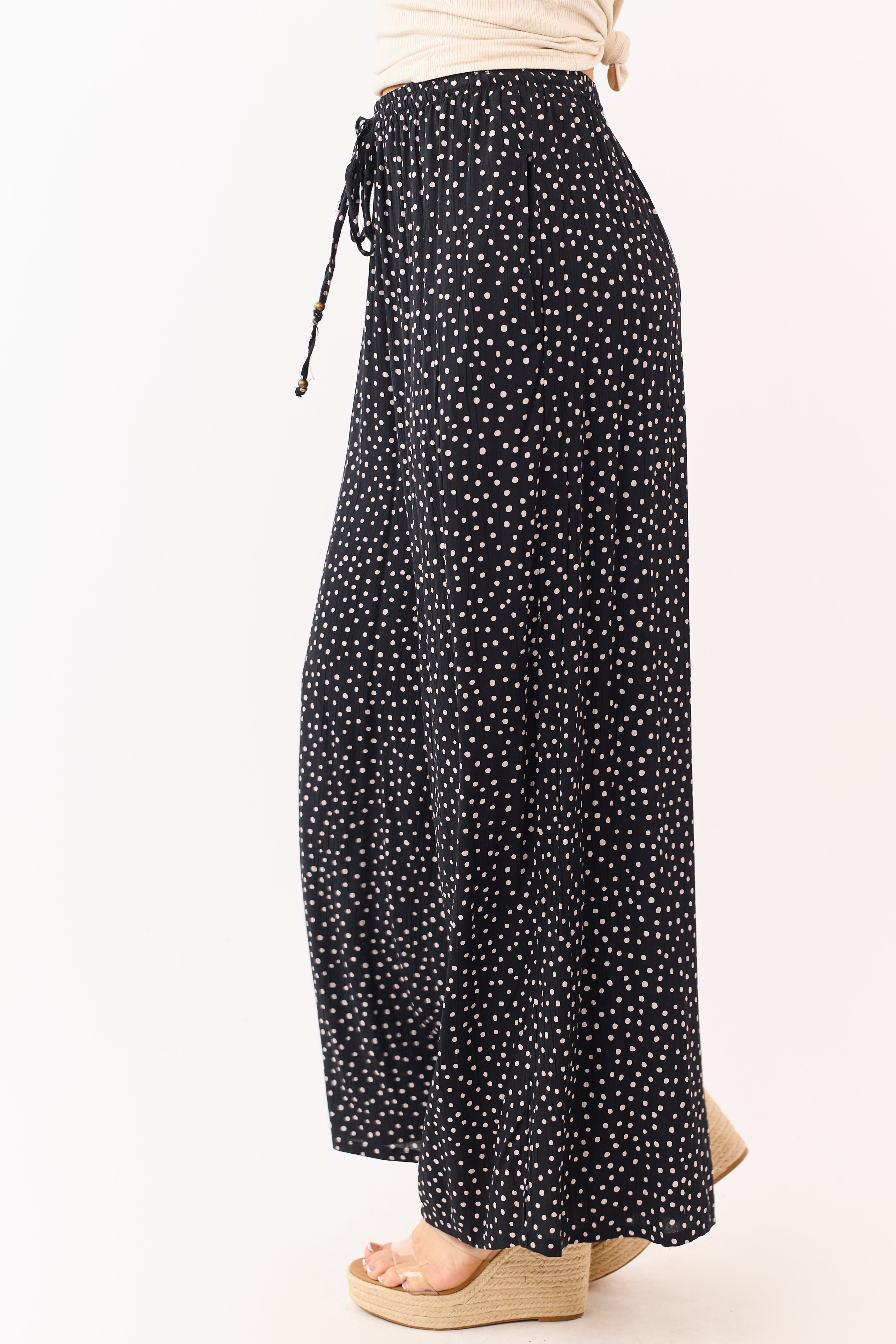 Black Polka Dot Elastic Waist Wide Leg Pants