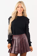 Black Rib Knit Contrast Textured Sheer Sleeve Top