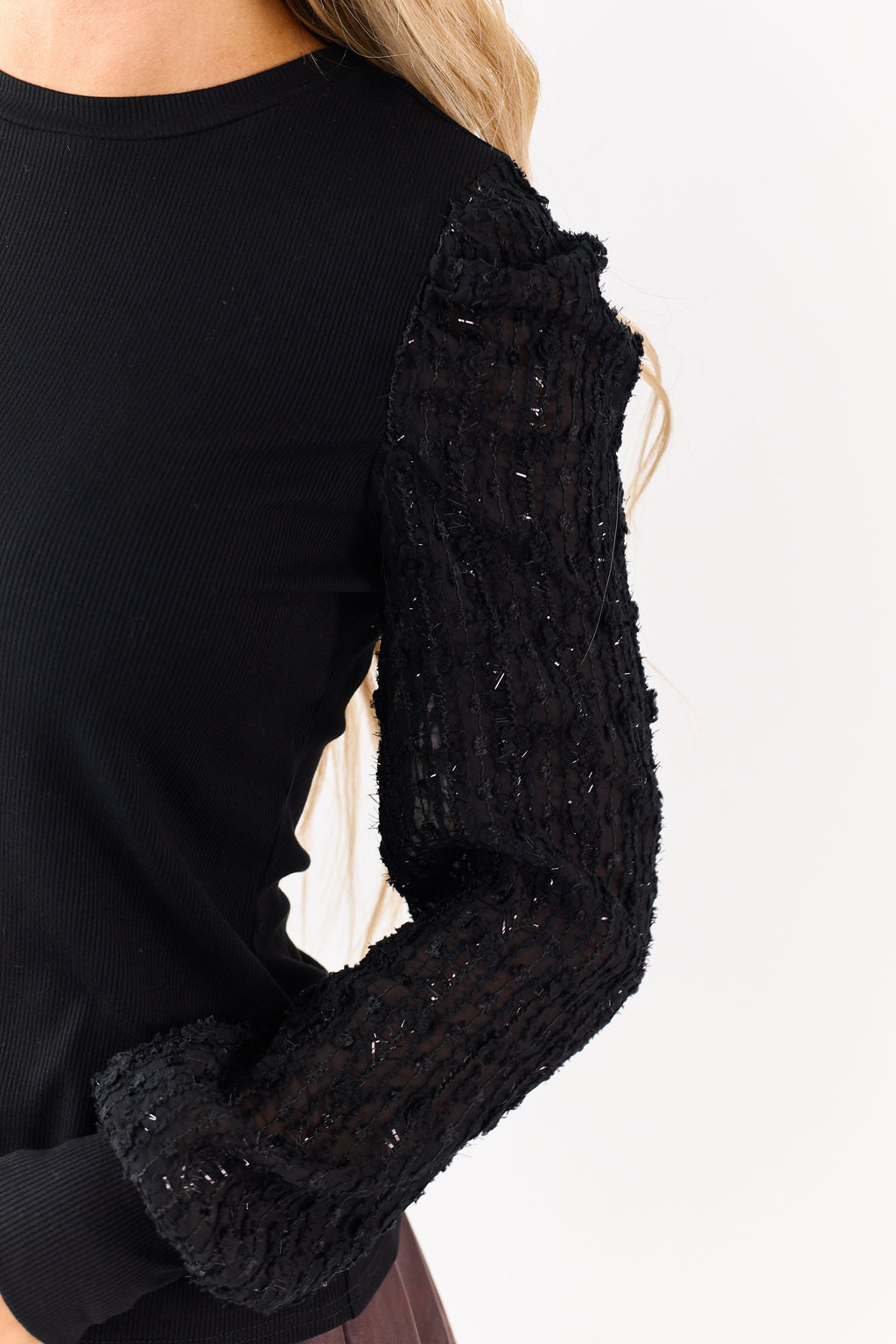 Black Rib Knit Contrast Textured Sheer Sleeve Top