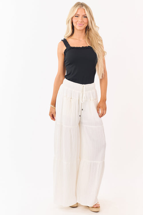 Black Rib Knit Ruffle Trim Elastic Strap Tank Top