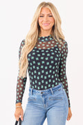 Black Shamrock Long Sleeve Mock Neck Mesh Bodysuit