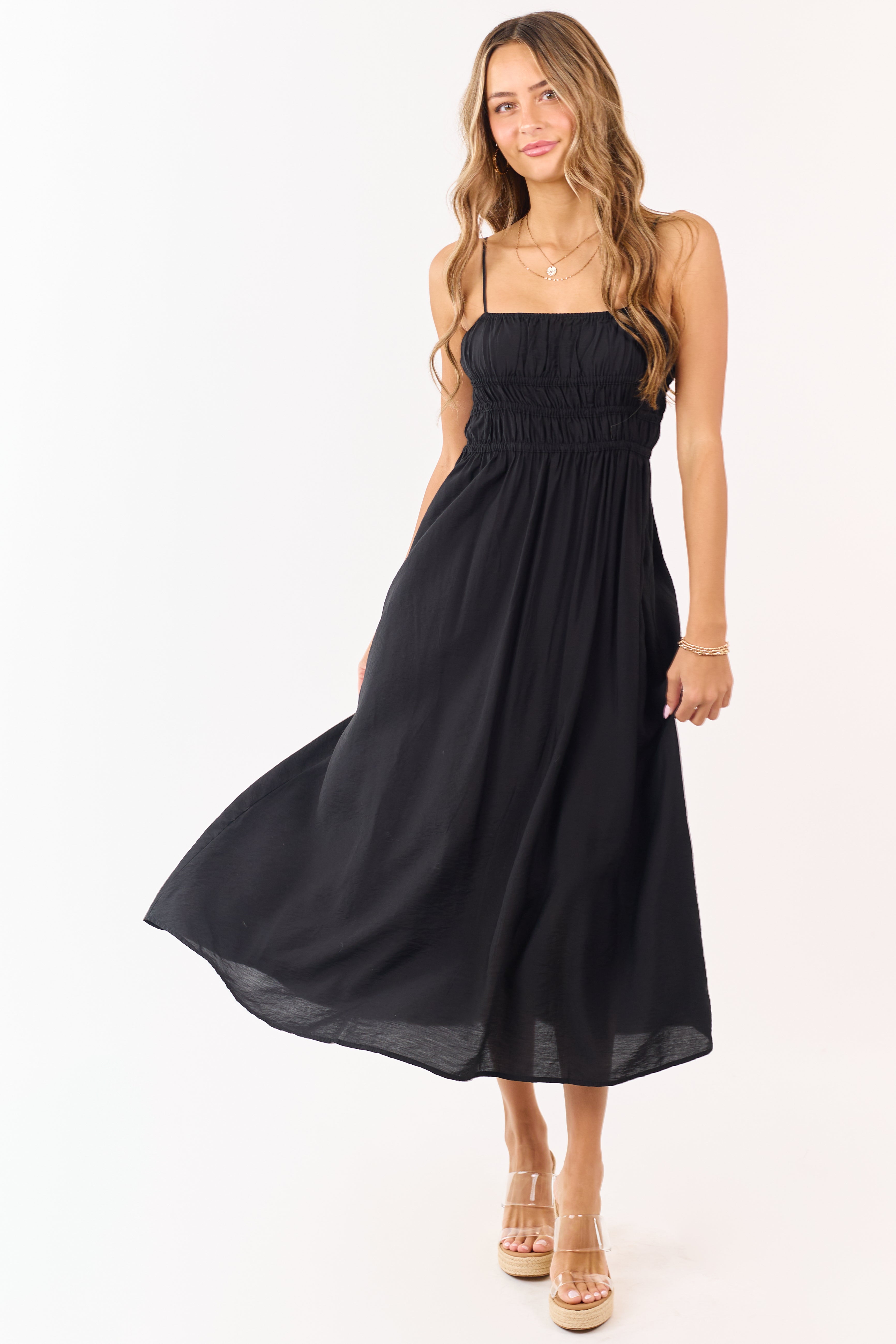 Black Smocked Bodice Sleeveless Maxi Dress