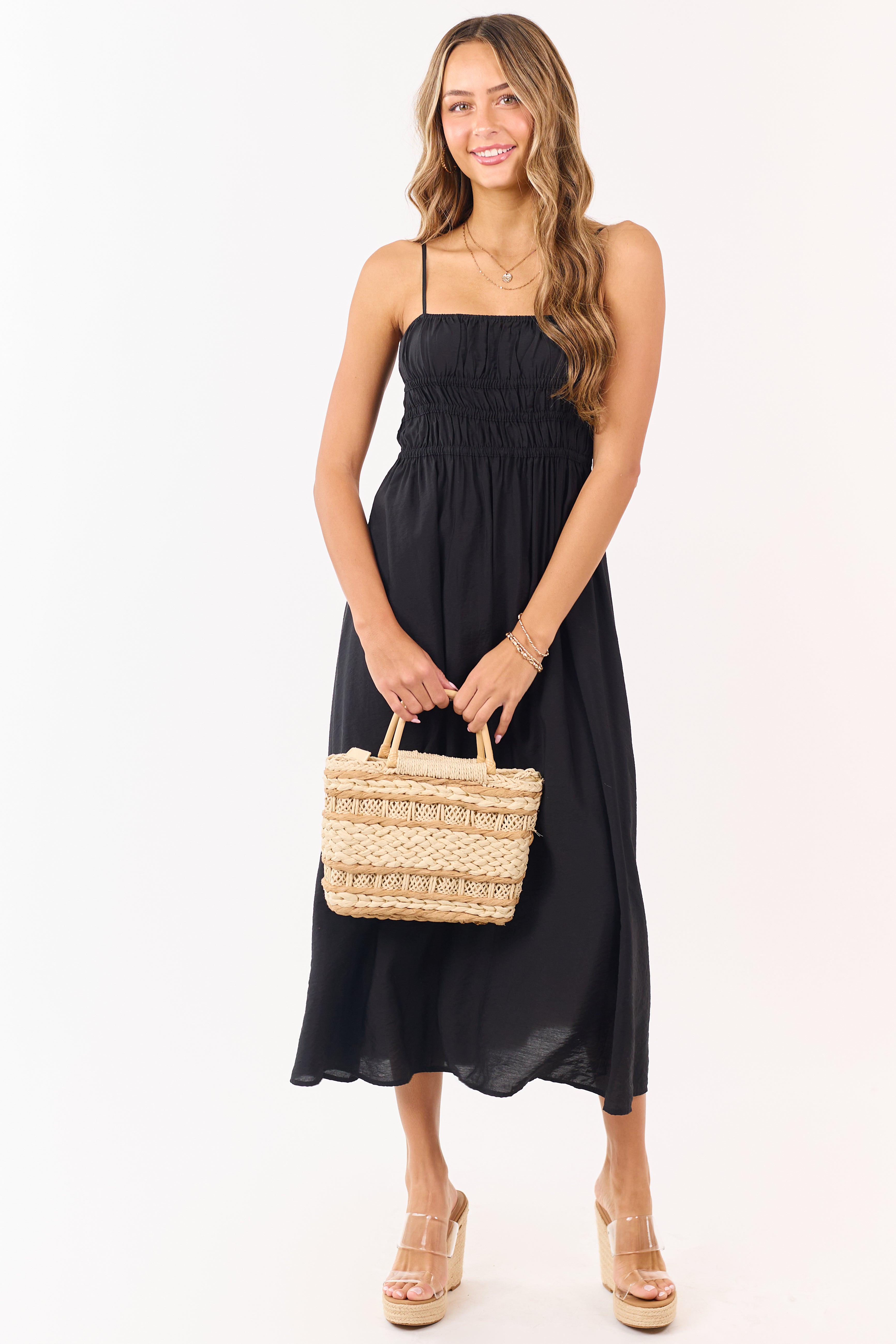 Black Smocked Bodice Sleeveless Maxi Dress