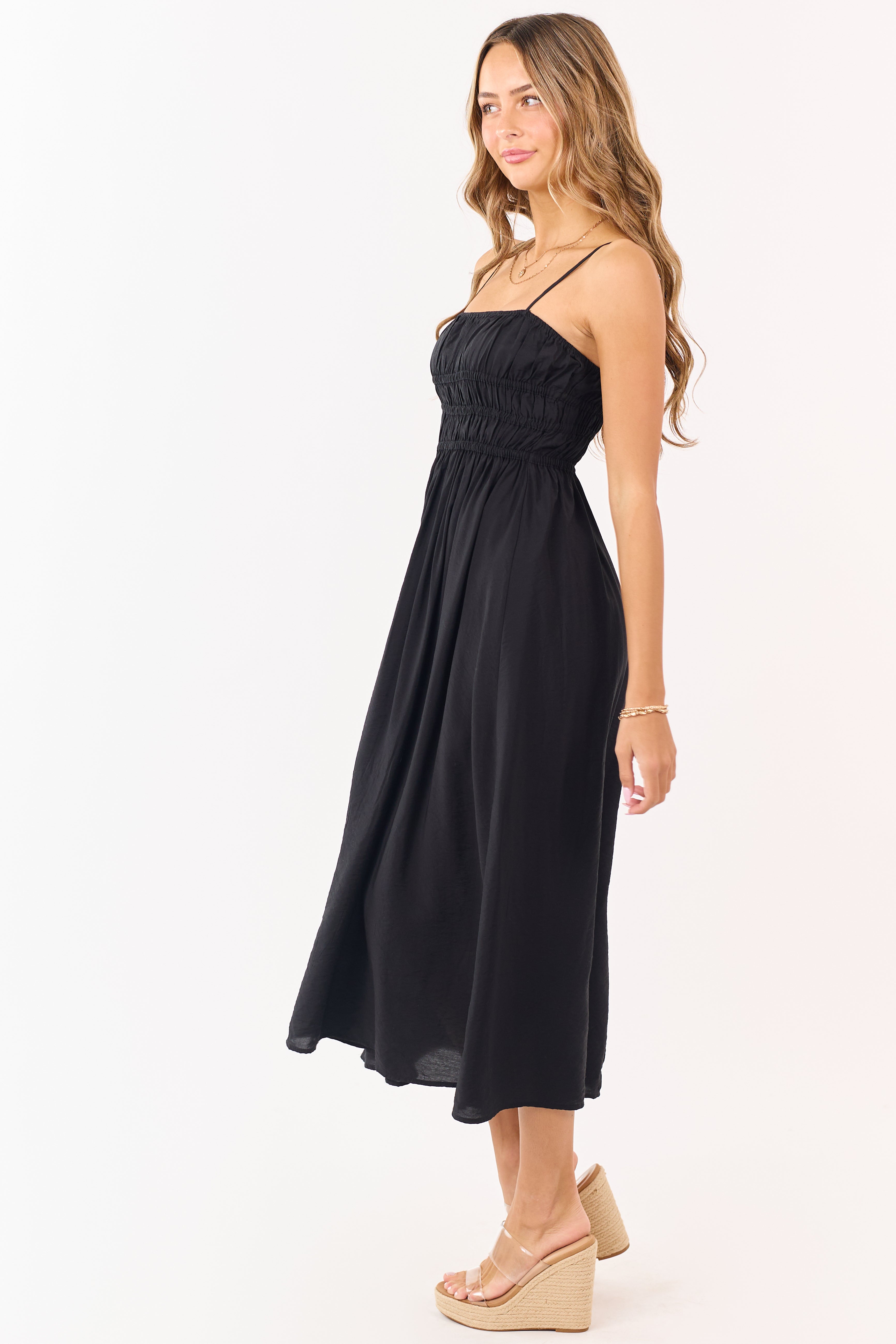 Black Smocked Bodice Sleeveless Maxi Dress
