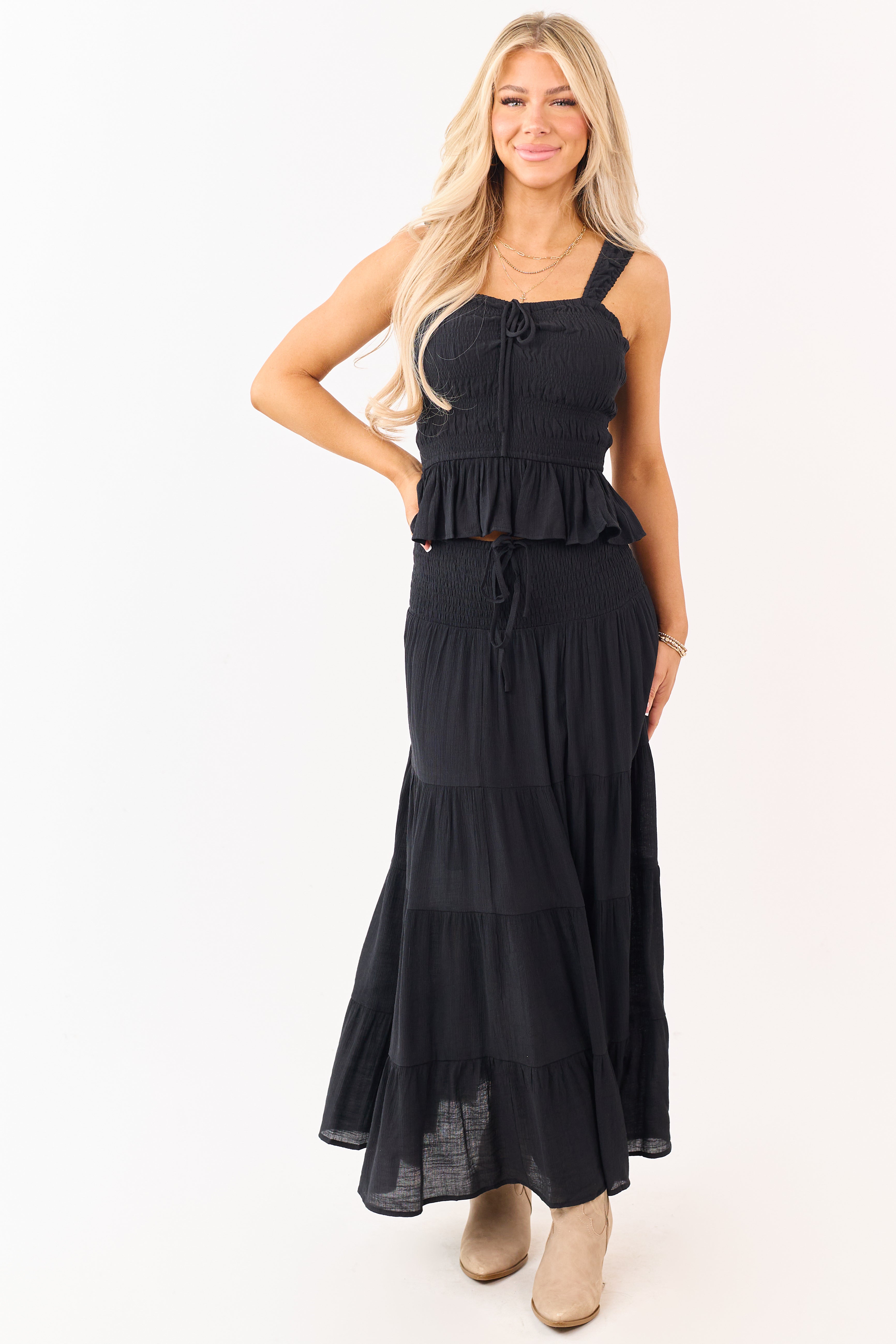 Black Smocked Waist Tiered Flowy Maxi Skirt
